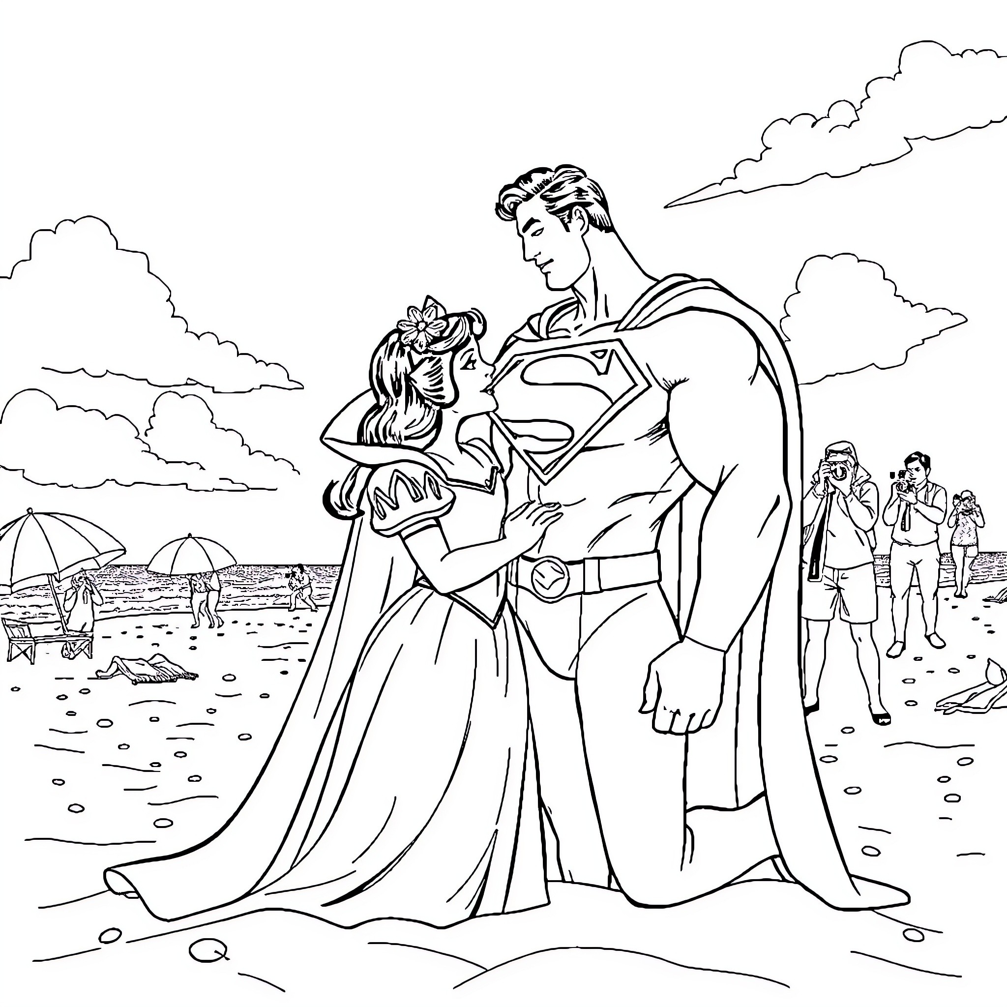 Snow White and Superman's Romantic Beach Adventure Coloring Page (free black-and-white line drawing printable PDF for all, from beginners to advanced learners, including children, teens, adults, and seniors)