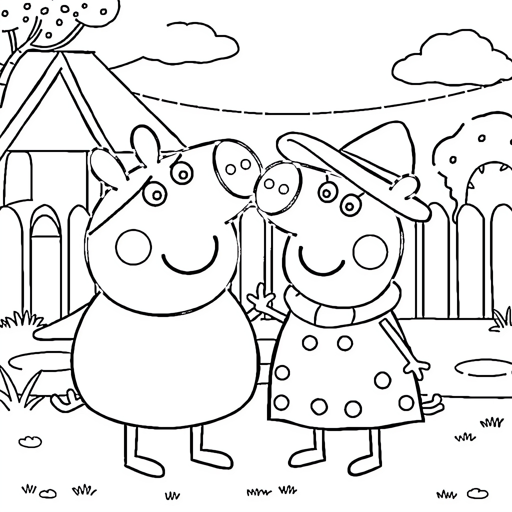 Peppa Pig and Friends Enjoying Outdoor Adventure Coloring Page (free black-and-white line drawing printable PDF for all, from beginners to advanced learners, including children, teens, adults, and seniors)