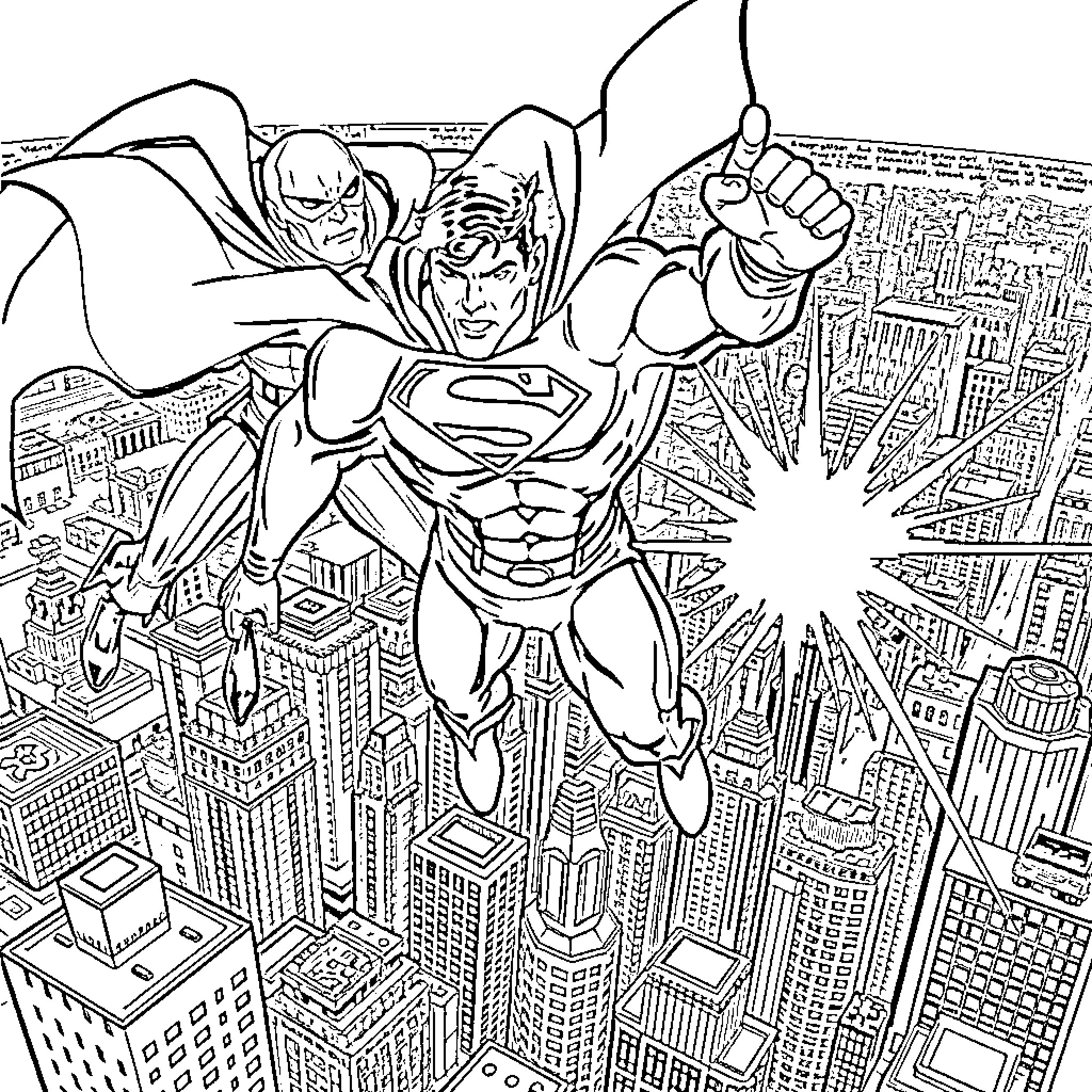 Superman saving the city from above Coloring Page (free black-and-white line drawing printable PDF for all, from beginners to advanced learners, including children, teens, adults, and seniors)