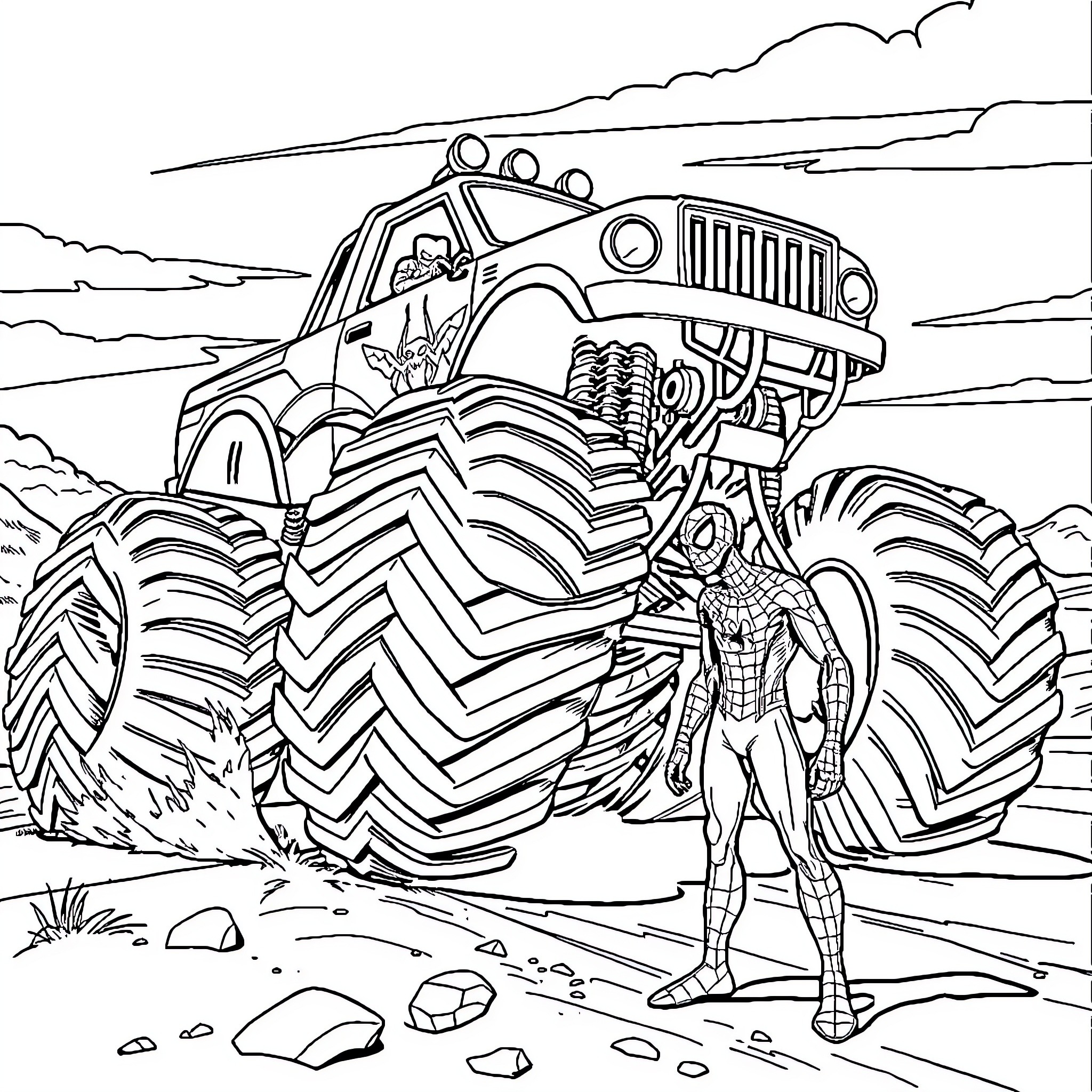 Monster Truck Crushing Rocks in the Wilderness Coloring Page (free black-and-white line drawing printable PDF for all, from beginners to advanced learners, including children, teens, adults, and seniors)