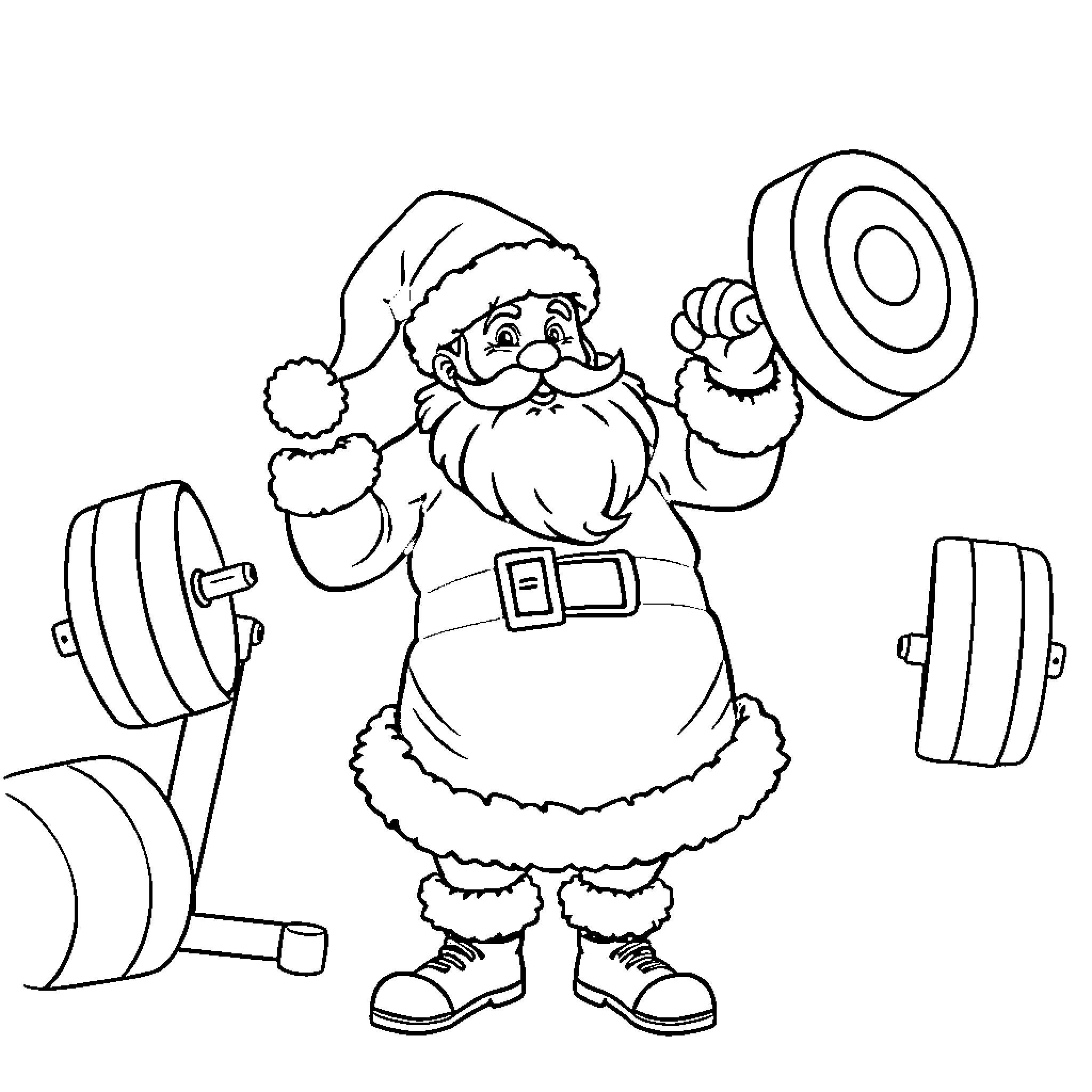Santa working out with weights and a hula hoop Coloring Page (free black-and-white line drawing printable PDF for all, from beginners to advanced learners, including children, teens, adults, and seniors)