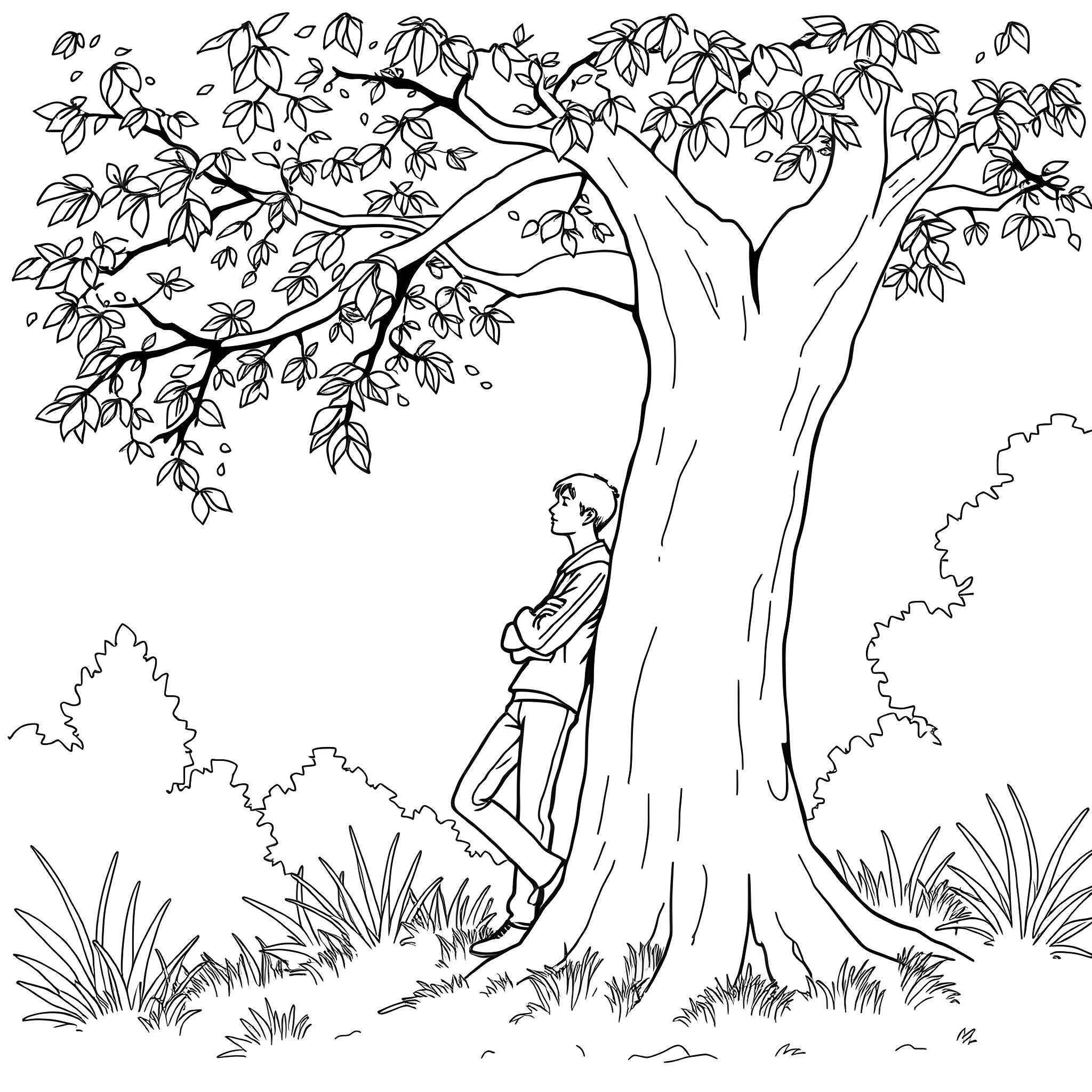 Man standing peacefully under a large tree Coloring Page (free black-and-white line drawing printable PDF for all, from beginners to advanced learners, including children, teens, adults, and seniors)