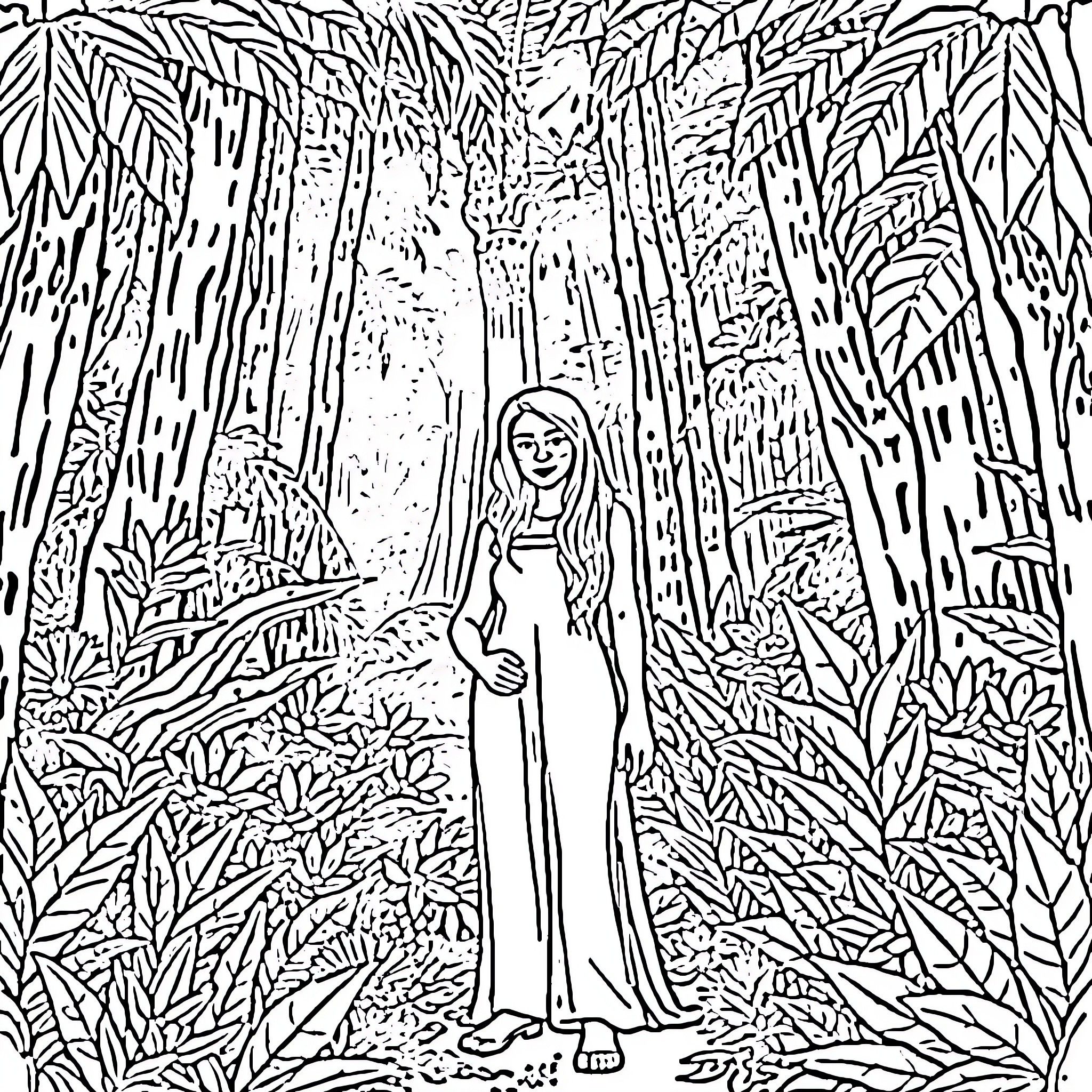Lisan al Gayib: Mysterious figure in the enchanted forest Coloring Page (free black-and-white line drawing printable PDF for all, from beginners to advanced learners, including children, teens, adults, and seniors)