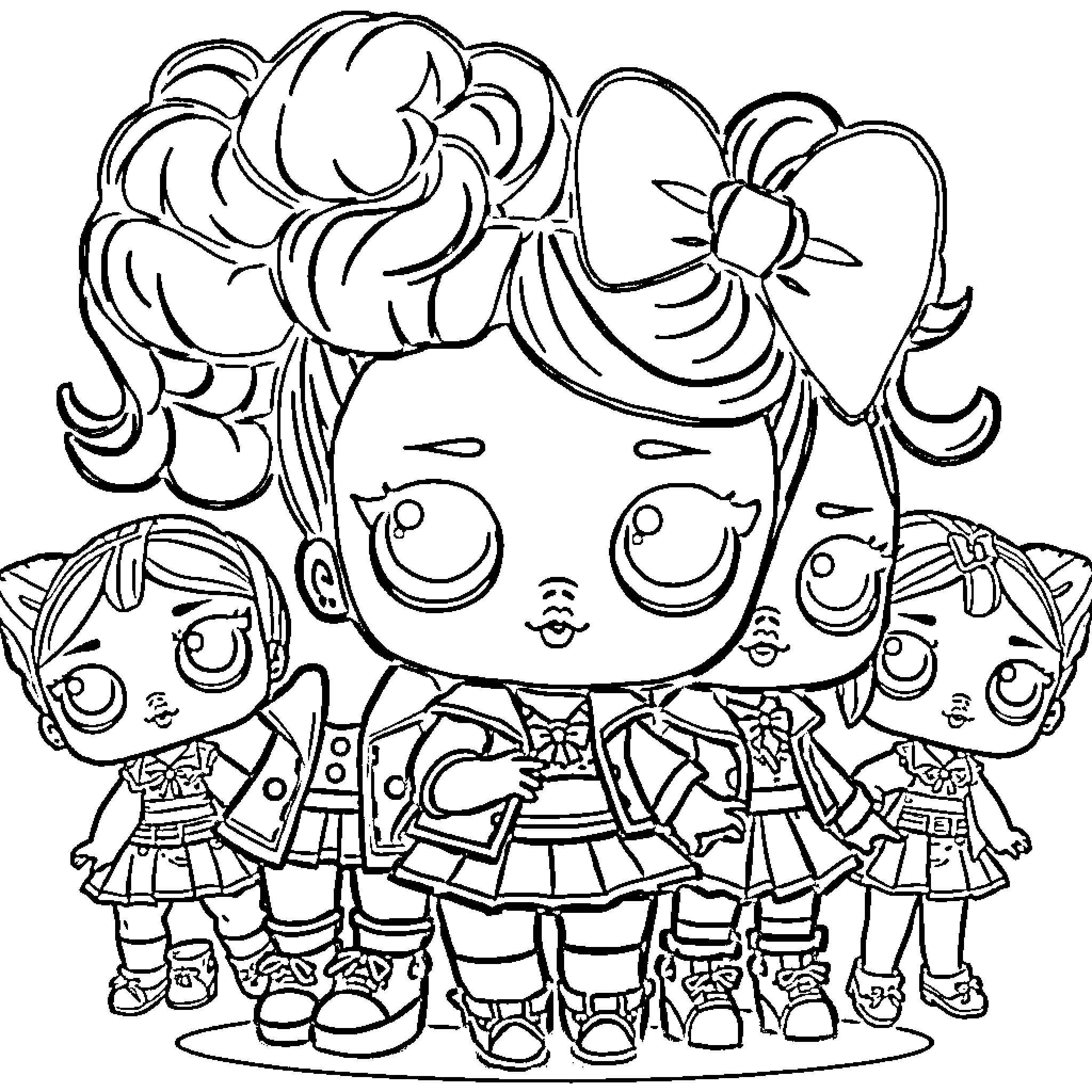 LOL Dolls in Whimsical Outfits and Poses Coloring Page (free black-and-white line drawing printable PDF for all, from beginners to advanced learners, including children, teens, adults, and seniors)