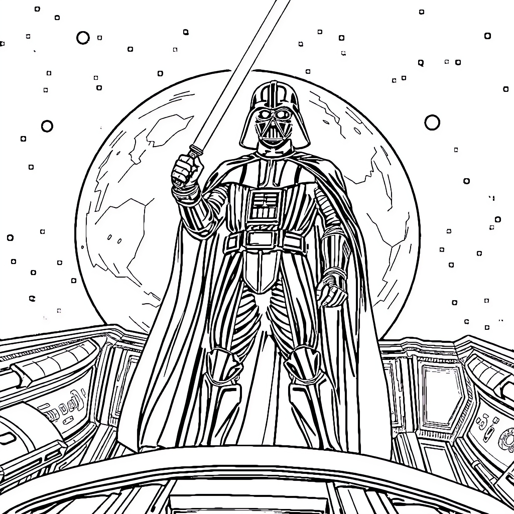 Darth Vader, the Galactic Overlord, Dominates the Cosmos Coloring Page (free black-and-white line drawing printable PDF for all, from beginners to advanced learners, including children, teens, adults, and seniors)