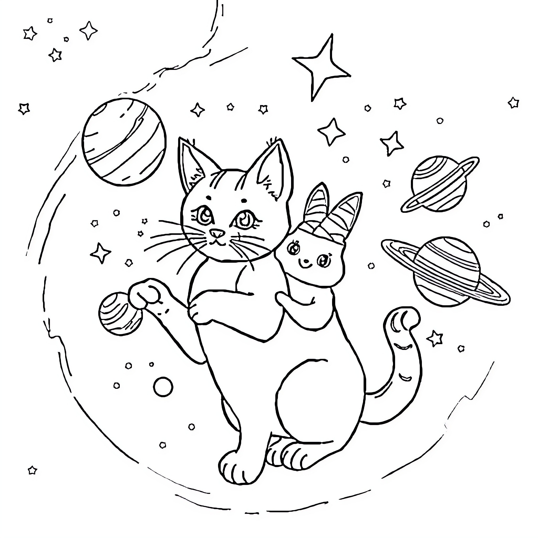 Gato explores the cosmic wonderland Coloring Page (free black-and-white line drawing printable PDF for all, from beginners to advanced learners, including children, teens, adults, and seniors)