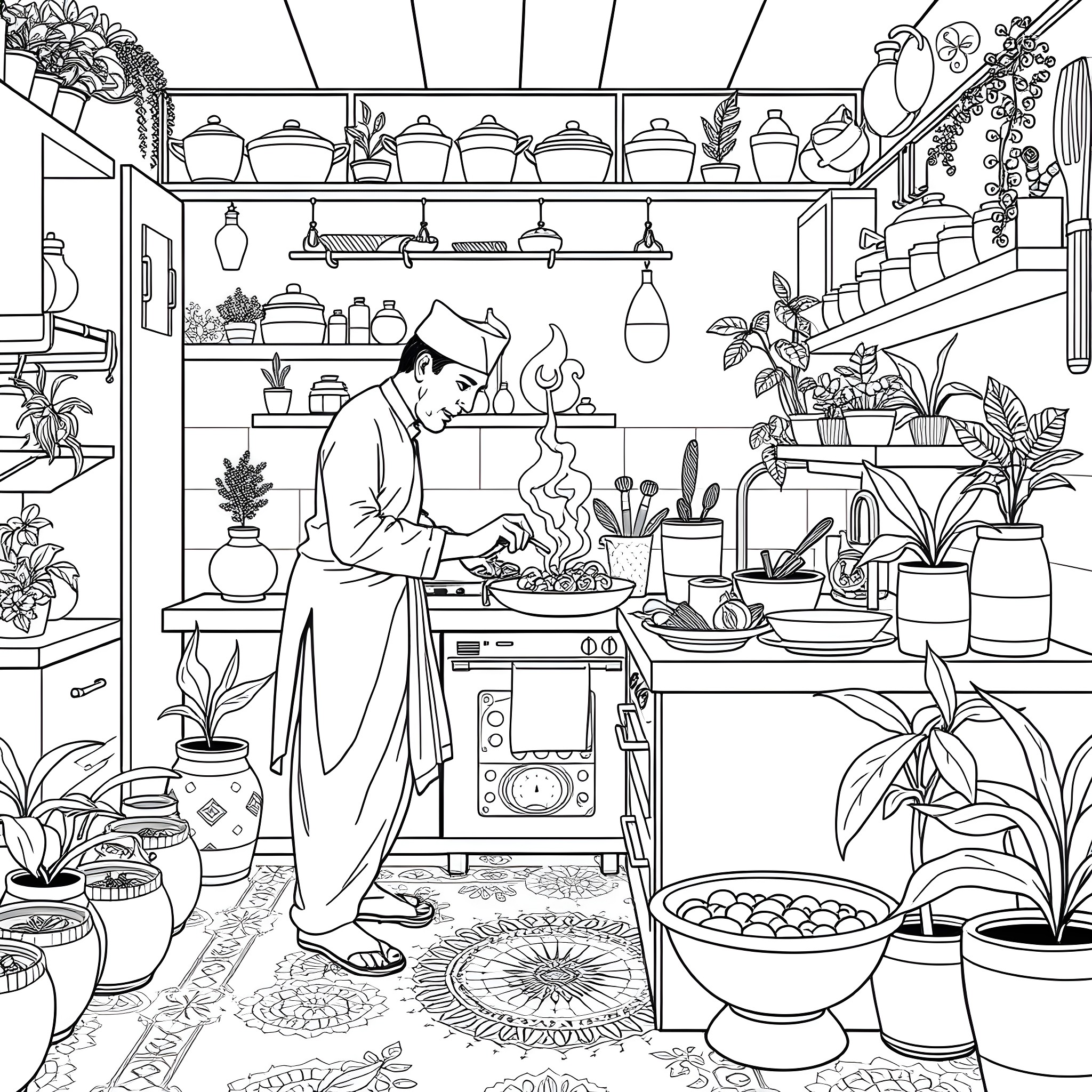 Bengali Man Cooking in a Cozy Kitchen Filled with Plants Coloring Page (free black-and-white line drawing printable PDF for all, from beginners to advanced learners, including children, teens, adults, and seniors)