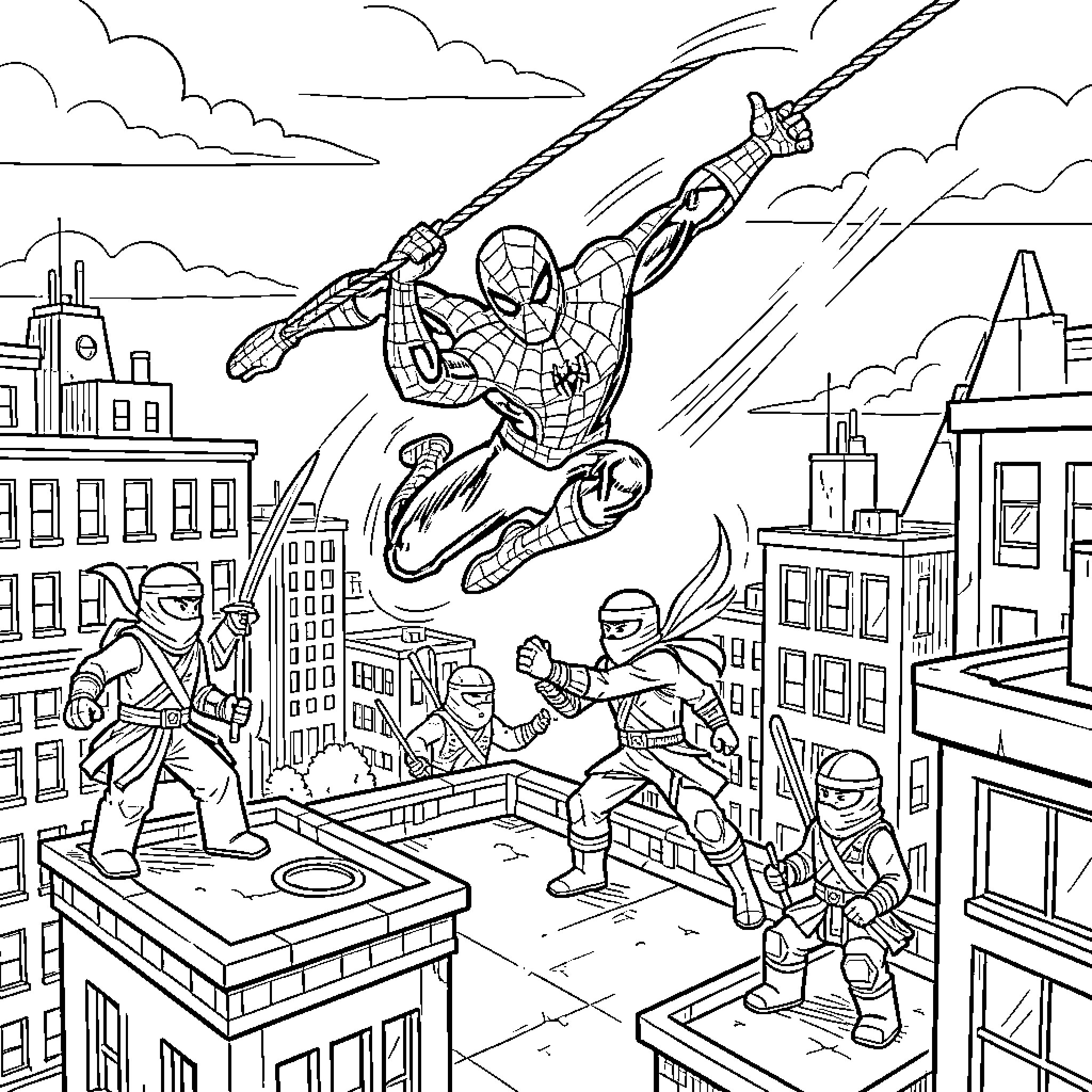 Spiderman swinging through city buildings fighting ninjas Coloring Page (free black-and-white line drawing printable PDF for all, from beginners to advanced learners, including children, teens, adults, and seniors)