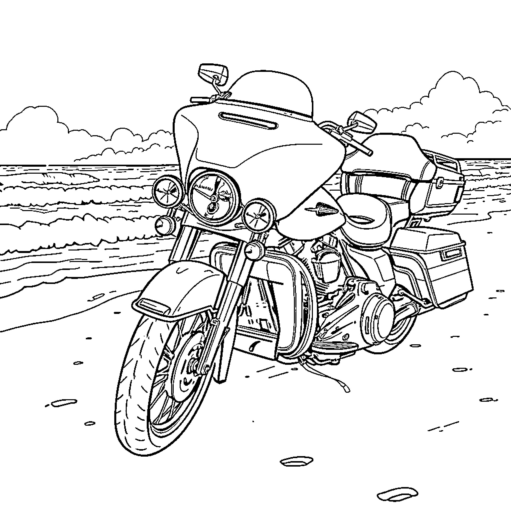 Harley cruising along the coastline Coloring Page (free black-and-white line drawing printable PDF for all, from beginners to advanced learners, including children, teens, adults, and seniors)