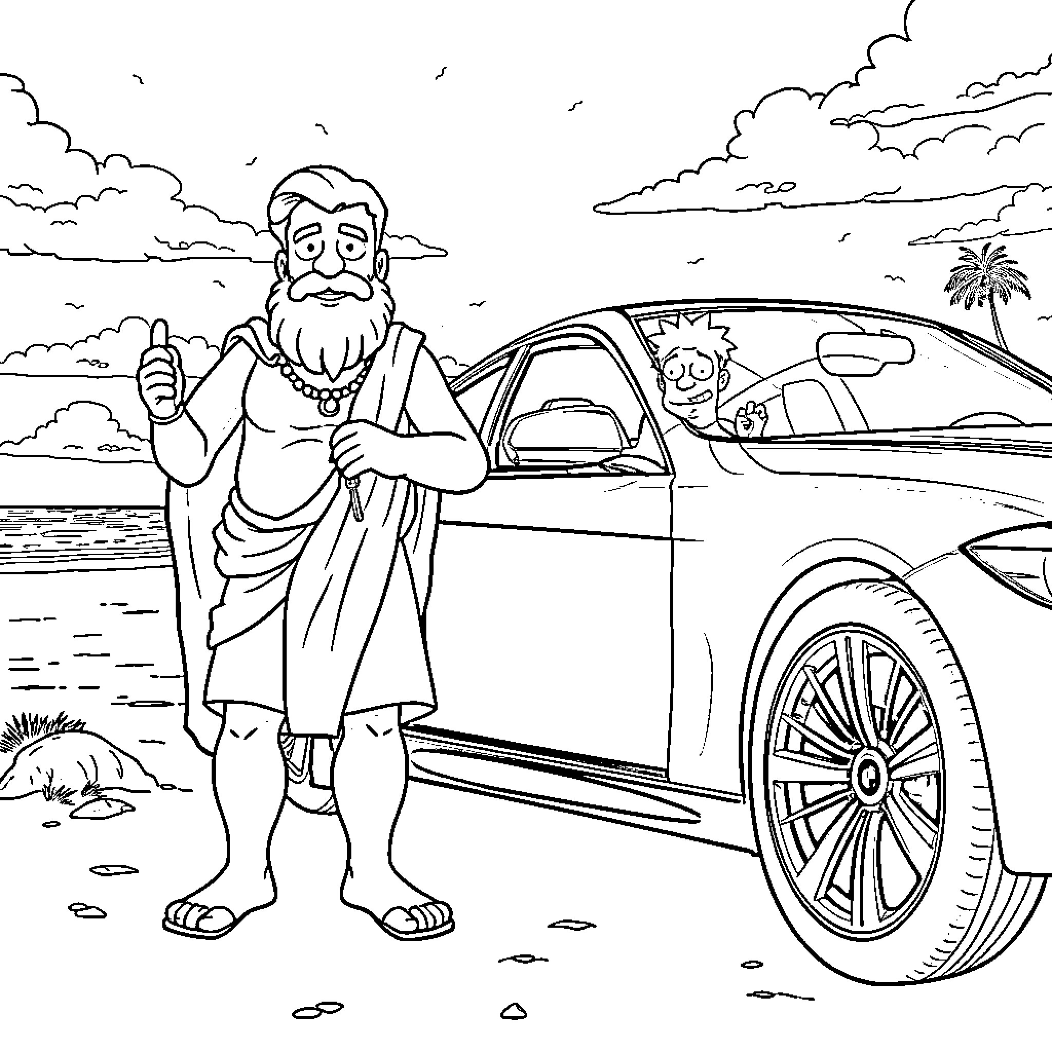 Odysseus hitchhiking on the road with his car Coloring Page (free black-and-white line drawing printable PDF for all, from beginners to advanced learners, including children, teens, adults, and seniors)