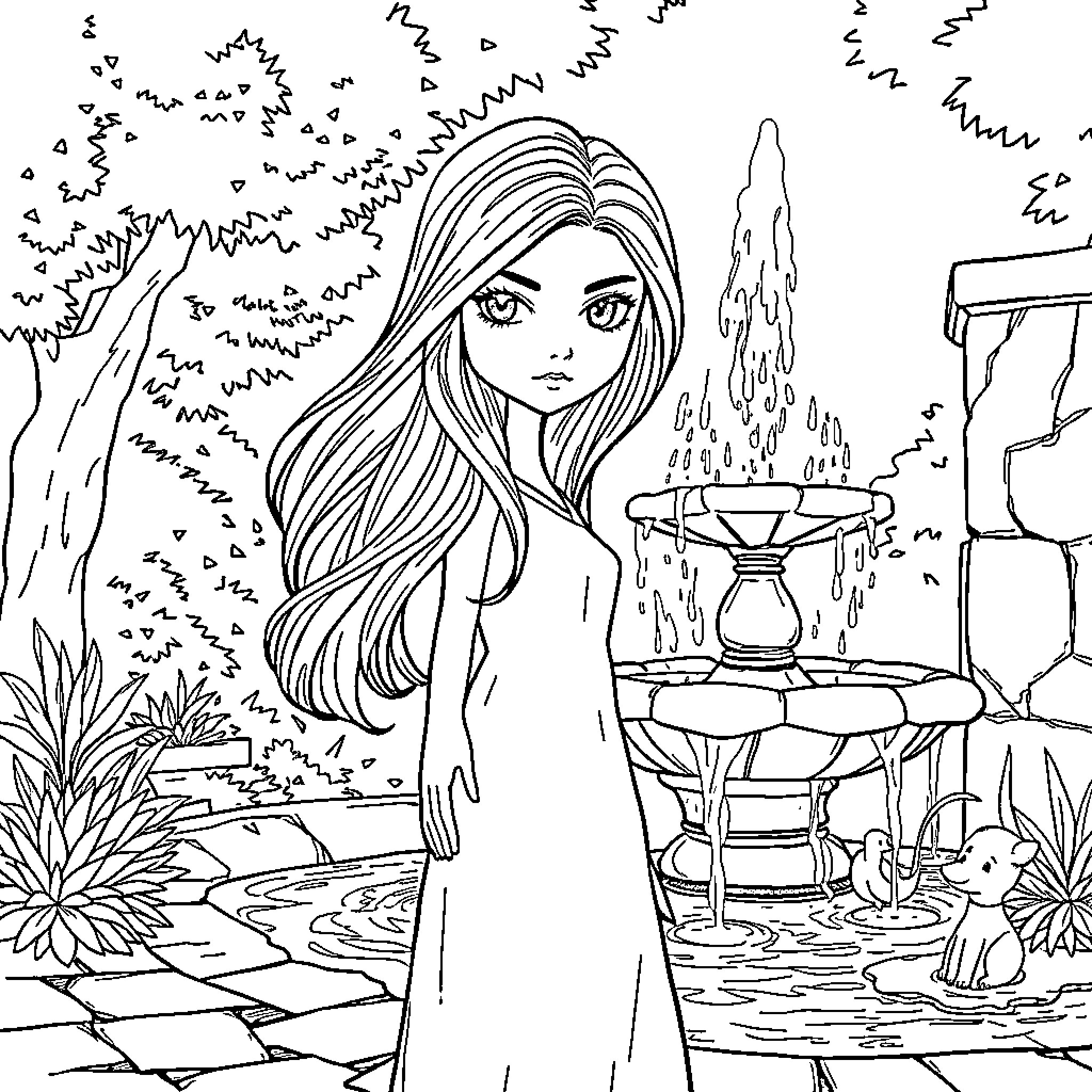 Girl standing by a fountain in a garden Coloring Page (free black-and-white line drawing printable PDF for all, from beginners to advanced learners, including children, teens, adults, and seniors)