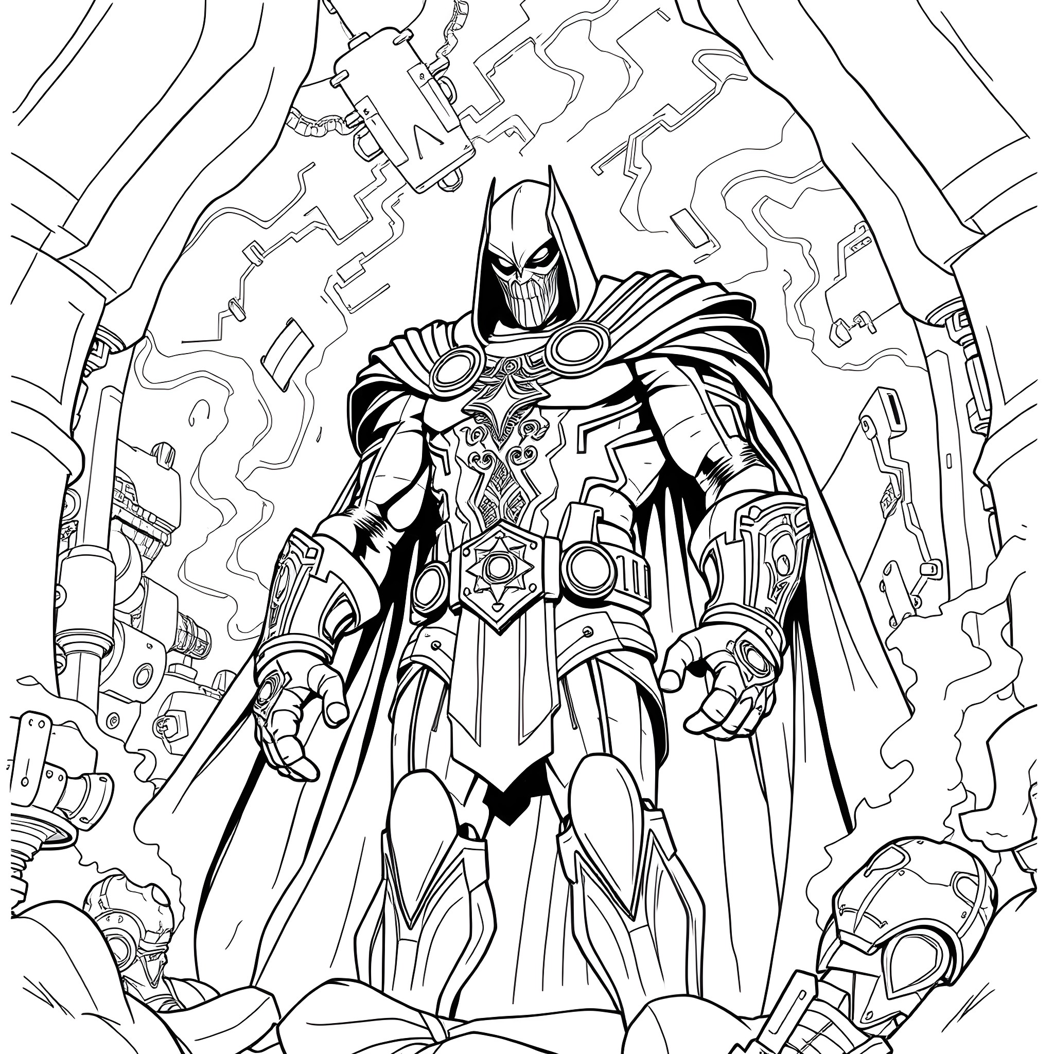 Doctor Doom commanding powerful forces Coloring Page (free black-and-white line drawing printable PDF for all, from beginners to advanced learners, including children, teens, adults, and seniors)