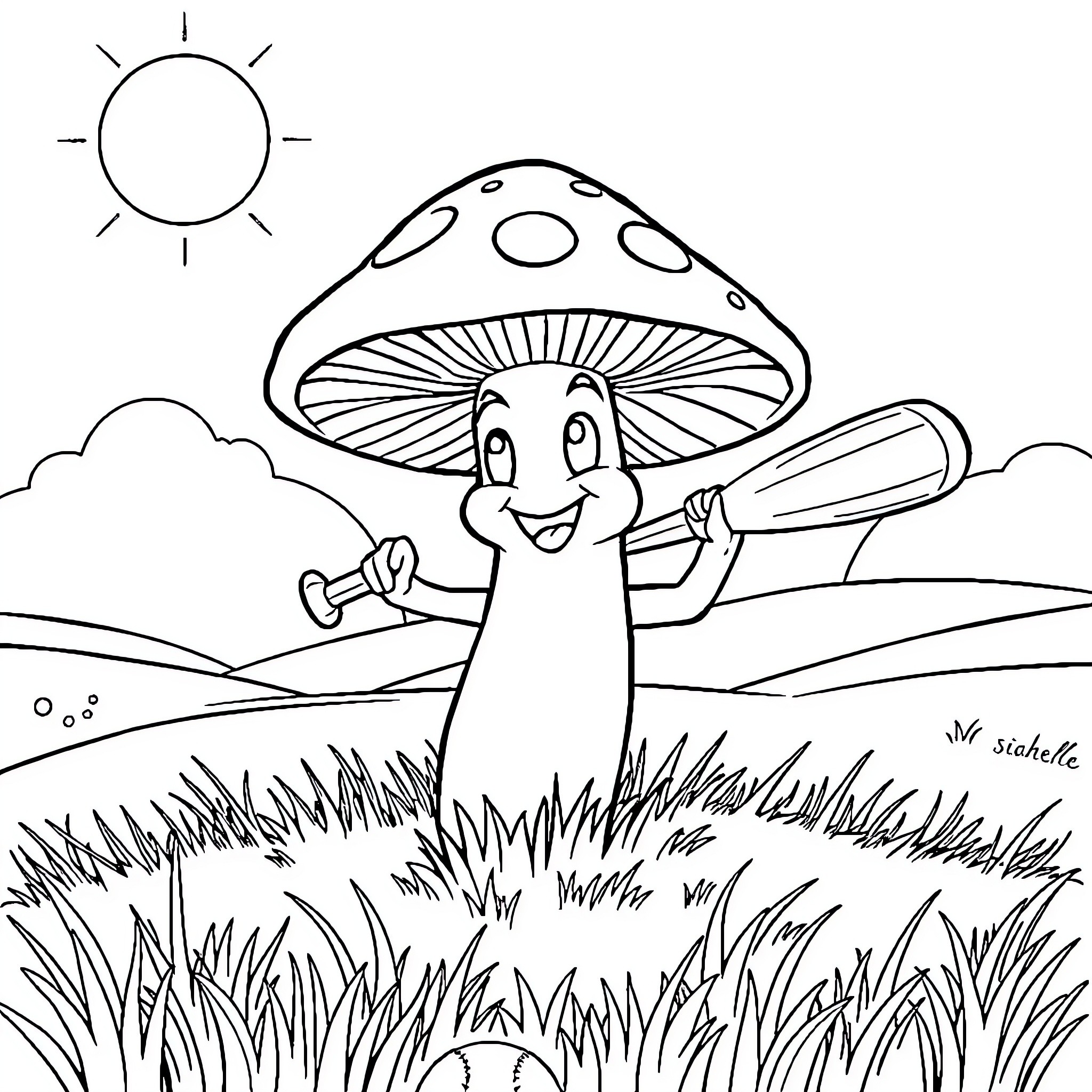 Mushroom character holding binoculars in nature Coloring Page (free black-and-white line drawing printable PDF for all, from beginners to advanced learners, including children, teens, adults, and seniors)