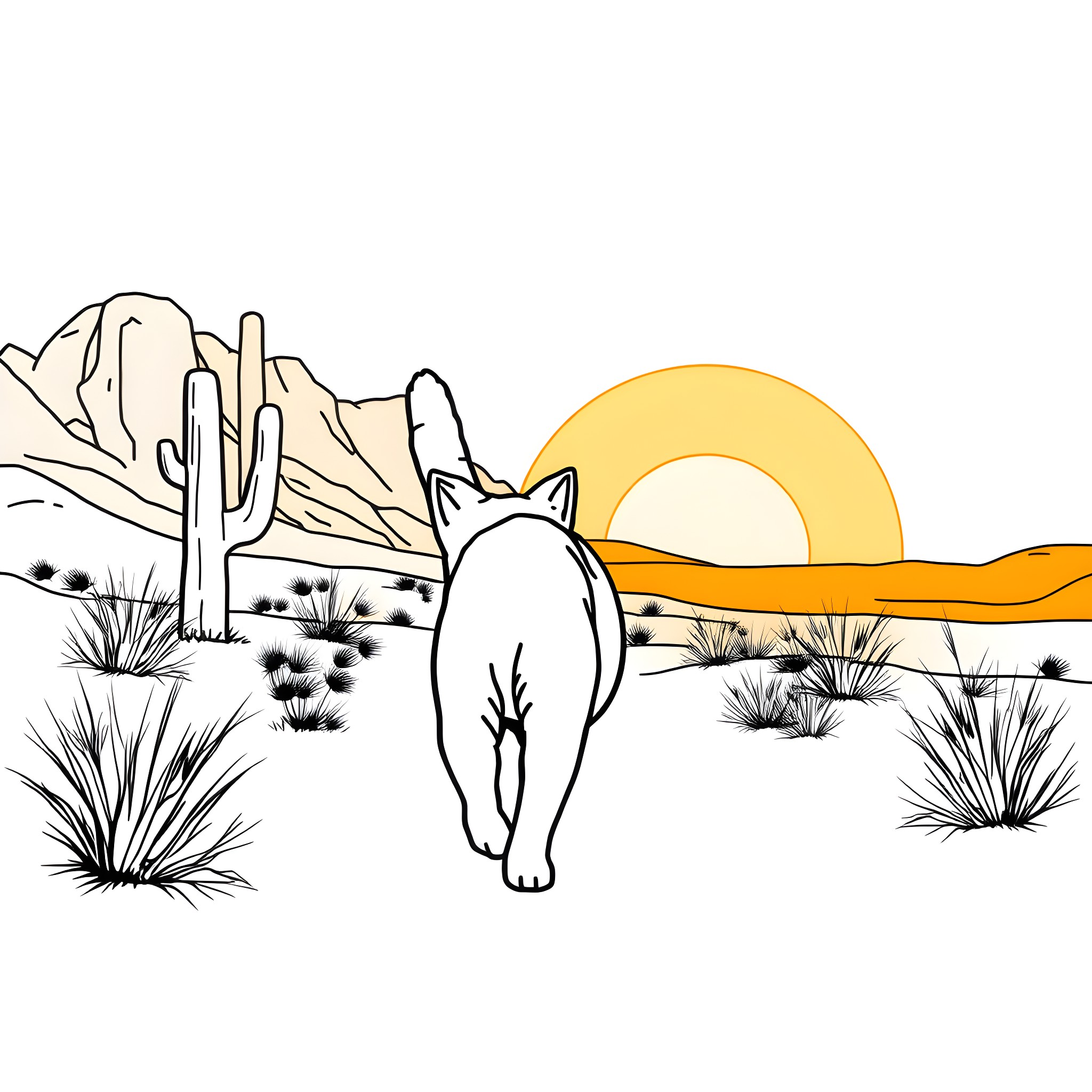 Cat exploring the desert landscape Coloring Page (free black-and-white line drawing printable PDF for all, from beginners to advanced learners, including children, teens, adults, and seniors)
