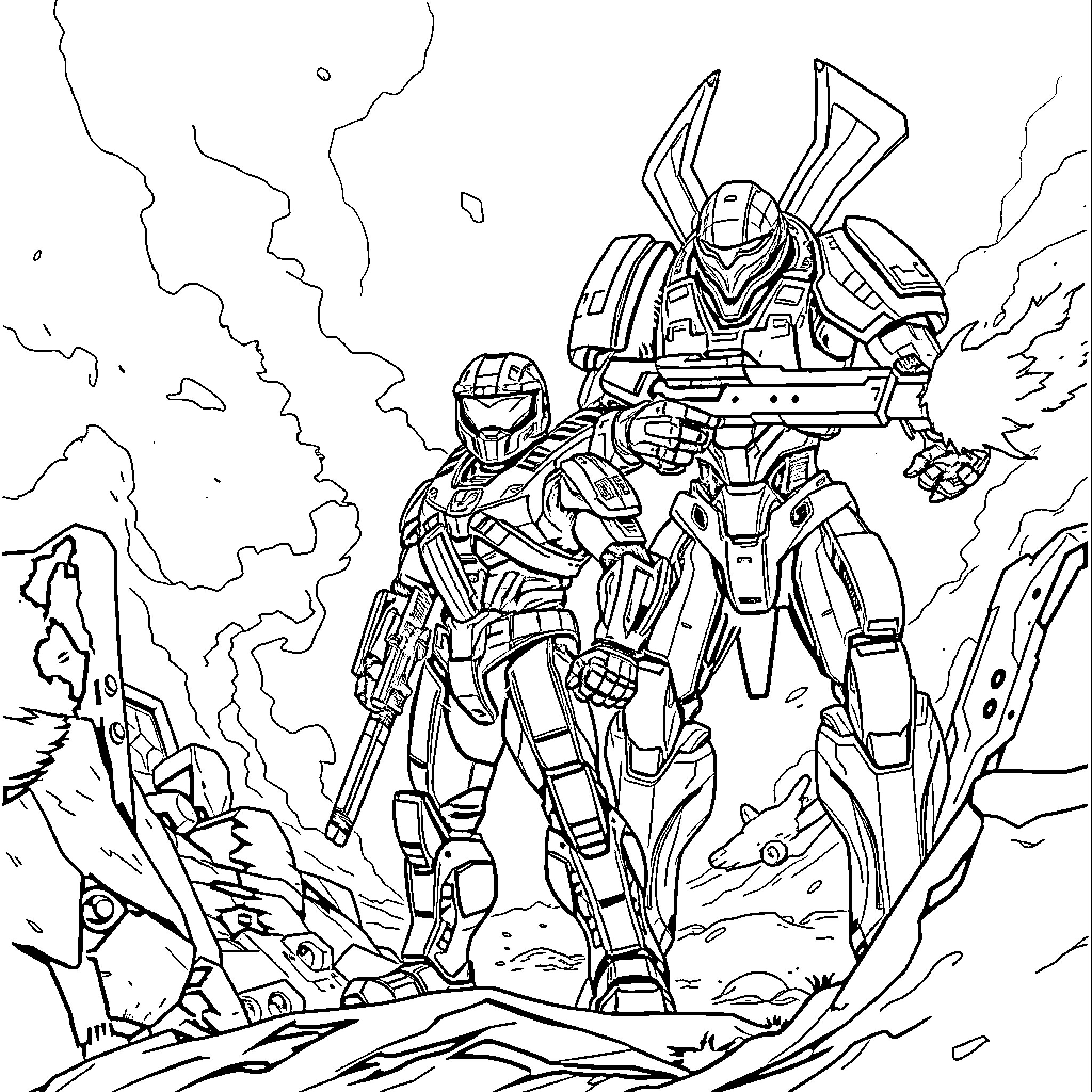 Halo Heroic Armored Soldiers in Fierce Battle Coloring Page (free black-and-white line drawing printable PDF for all, from beginners to advanced learners, including children, teens, adults, and seniors)