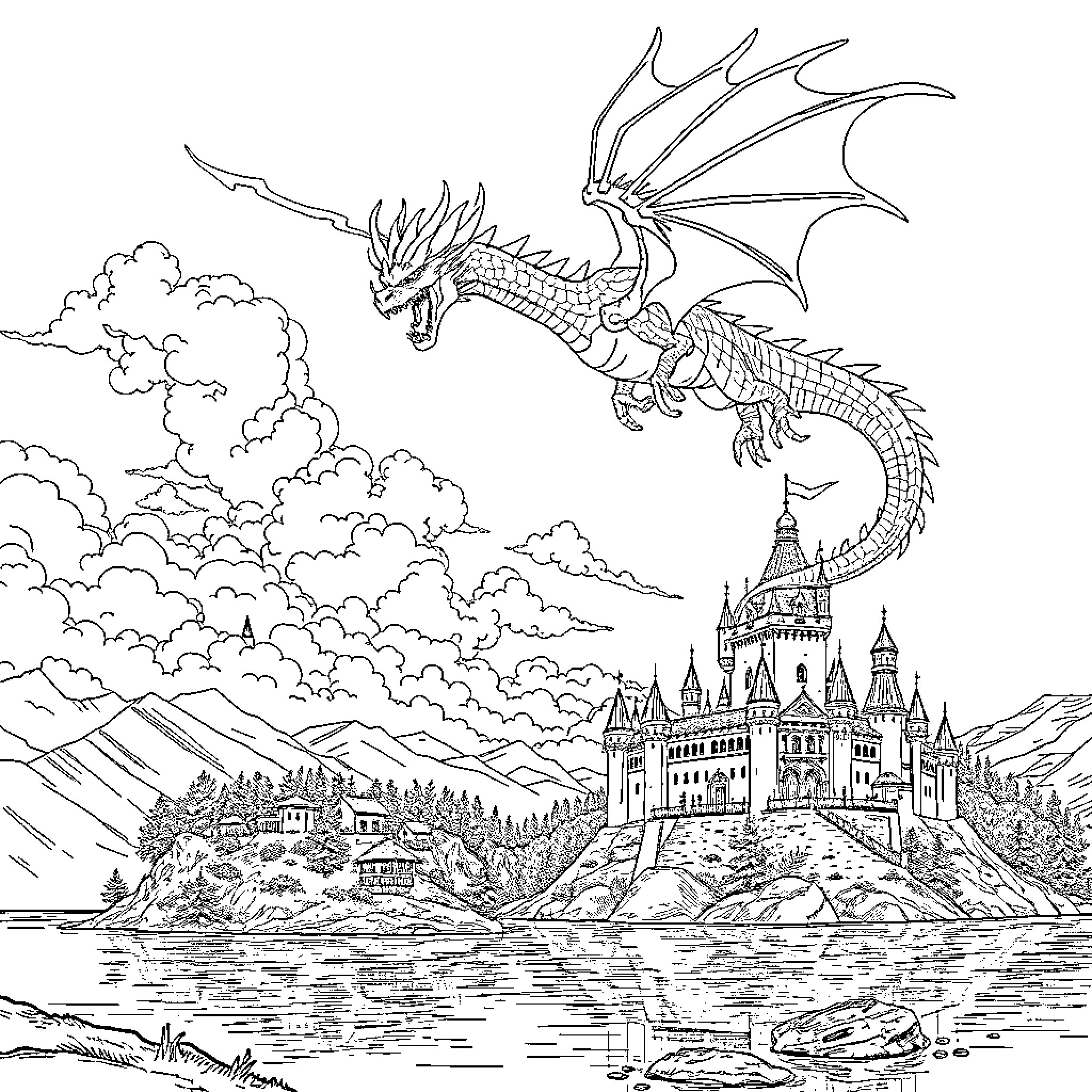 Dragon soaring over enchanted castle by the lake Coloring Page (free black-and-white line drawing printable PDF for all, from beginners to advanced learners, including children, teens, adults, and seniors)