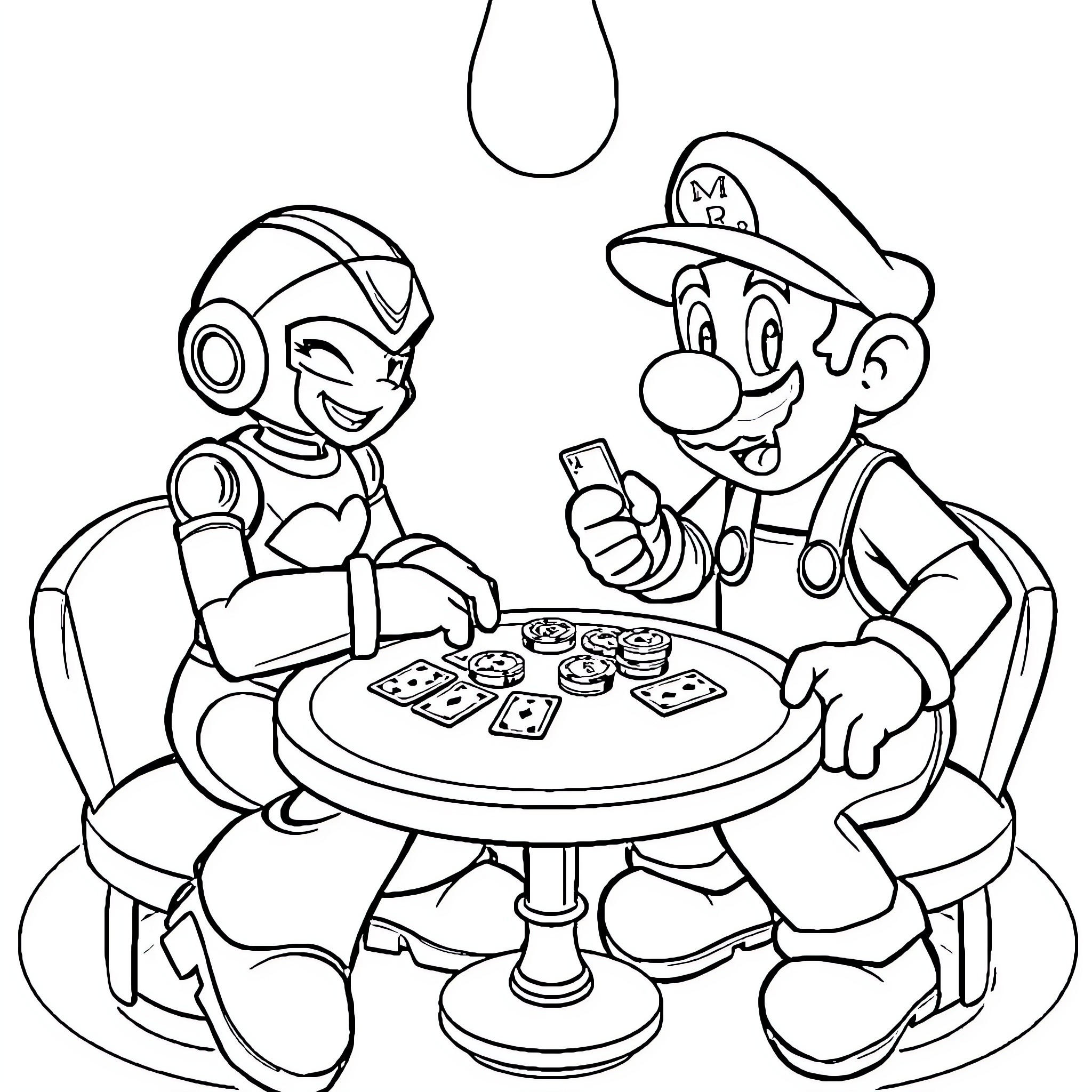 Mega Man Playing Cards with Mario Coloring Page (free black-and-white line drawing printable PDF for all, from beginners to advanced learners, including children, teens, adults, and seniors)