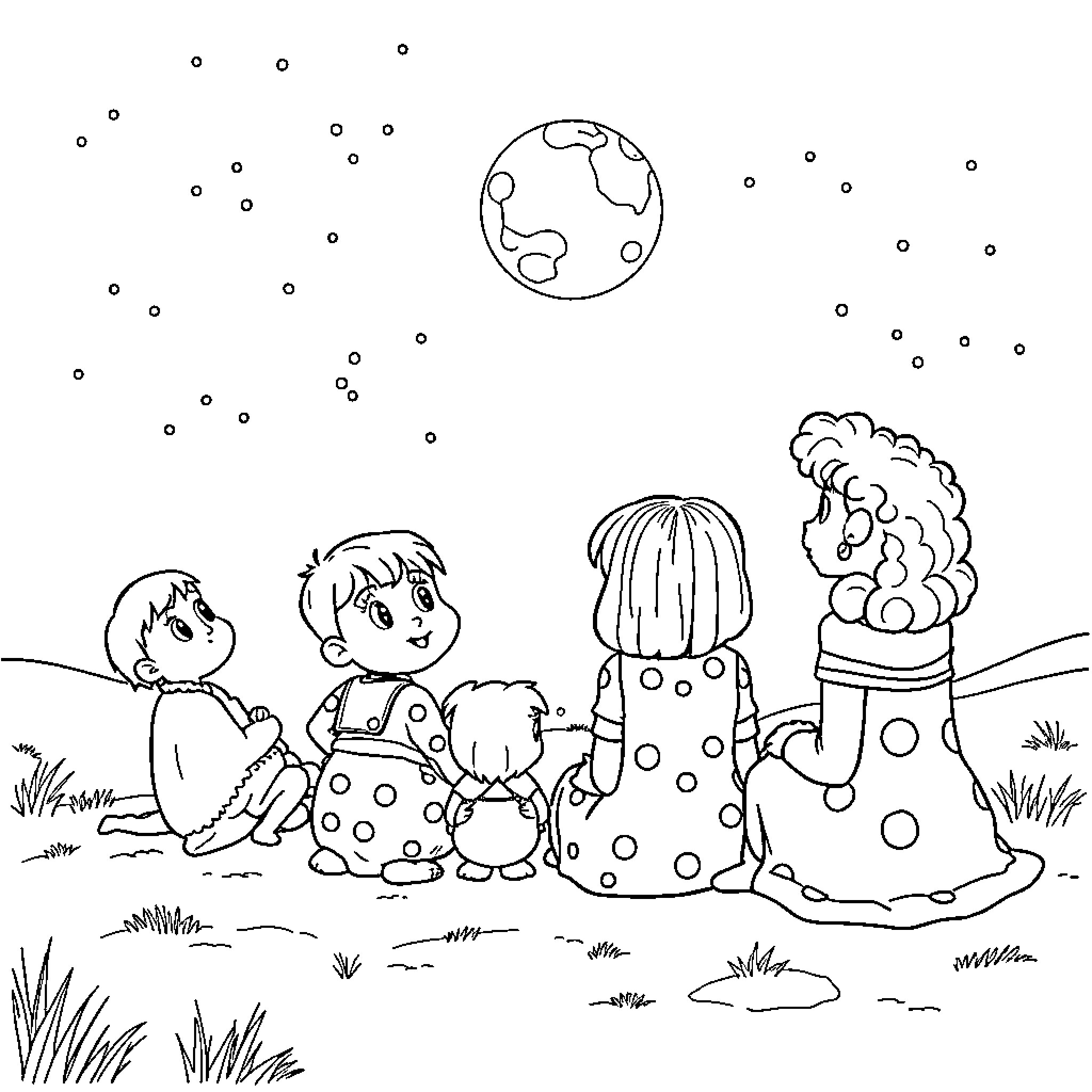 Mafalda and friends enjoying a starry night Coloring Page (free black-and-white line drawing printable PDF for all, from beginners to advanced learners, including children, teens, adults, and seniors)