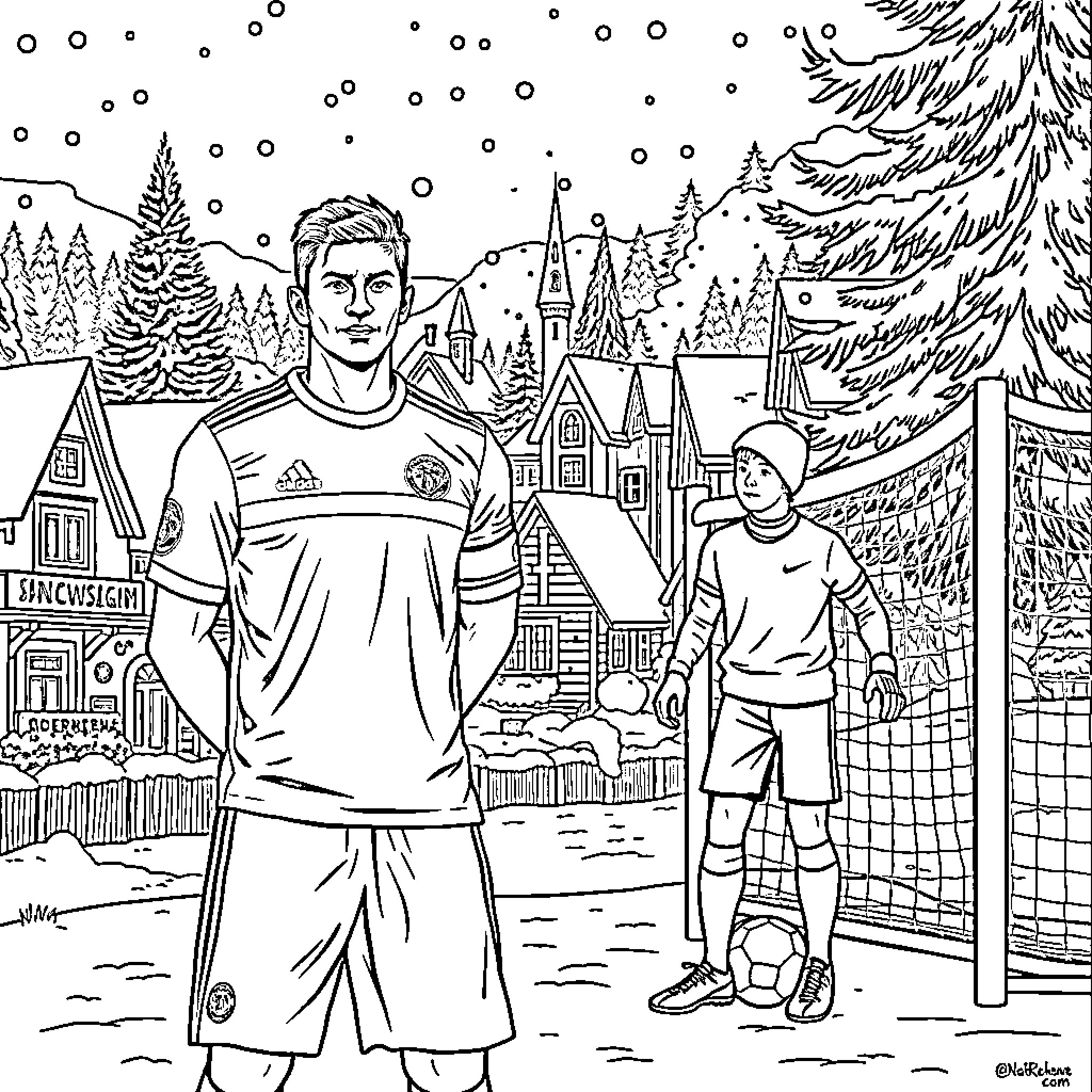 Robert Lewandowski playing soccer in snowy town Coloring Page (free black-and-white line drawing printable PDF for all, from beginners to advanced learners, including children, teens, adults, and seniors)