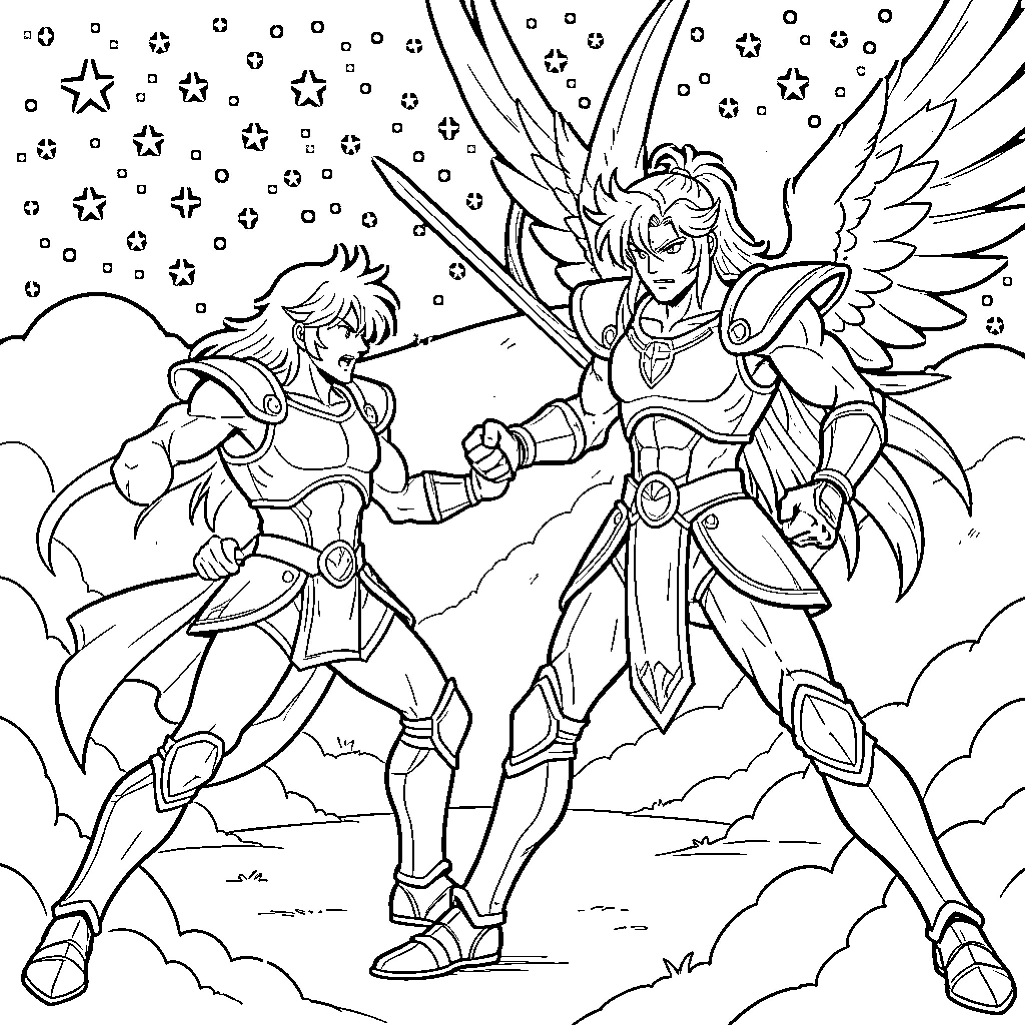 Saint Seiya: Heroic Warriors in Celestial Battle Coloring Page (free black-and-white line drawing printable PDF for all, from beginners to advanced learners, including children, teens, adults, and seniors)