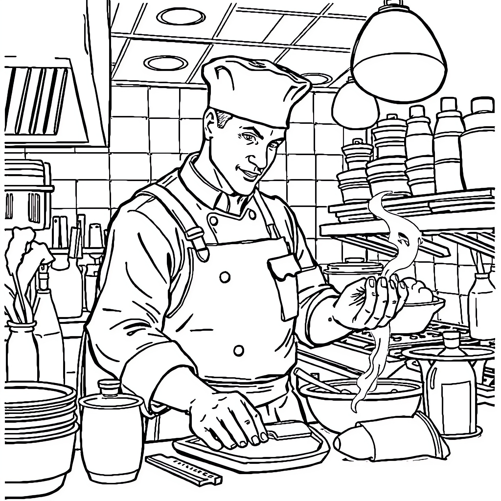Chef Working Diligently in the Kitchen Coloring Page (free black-and-white line drawing printable PDF for all, from beginners to advanced learners, including children, teens, adults, and seniors)