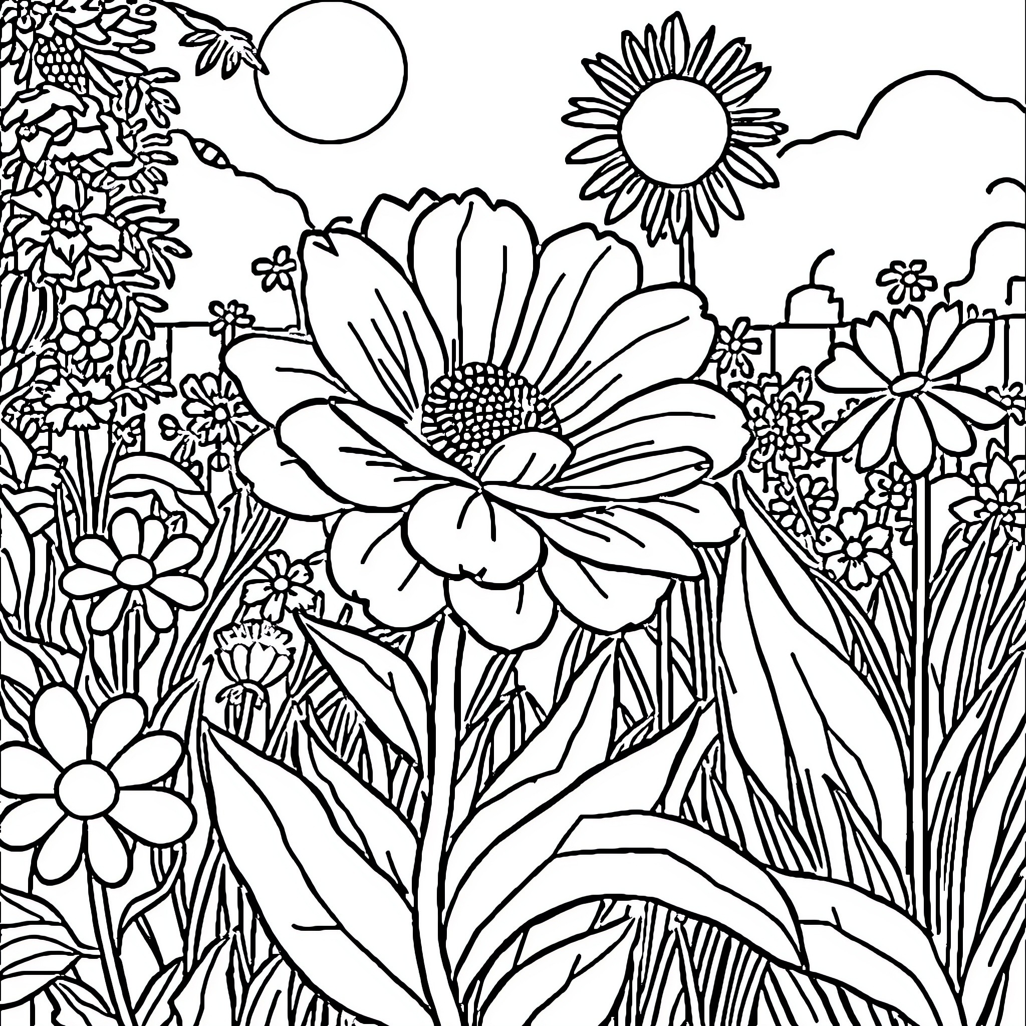 Flower Garden Filled with Vibrant Blooms Coloring Page (free black-and-white line drawing printable PDF for all, from beginners to advanced learners, including children, teens, adults, and seniors)