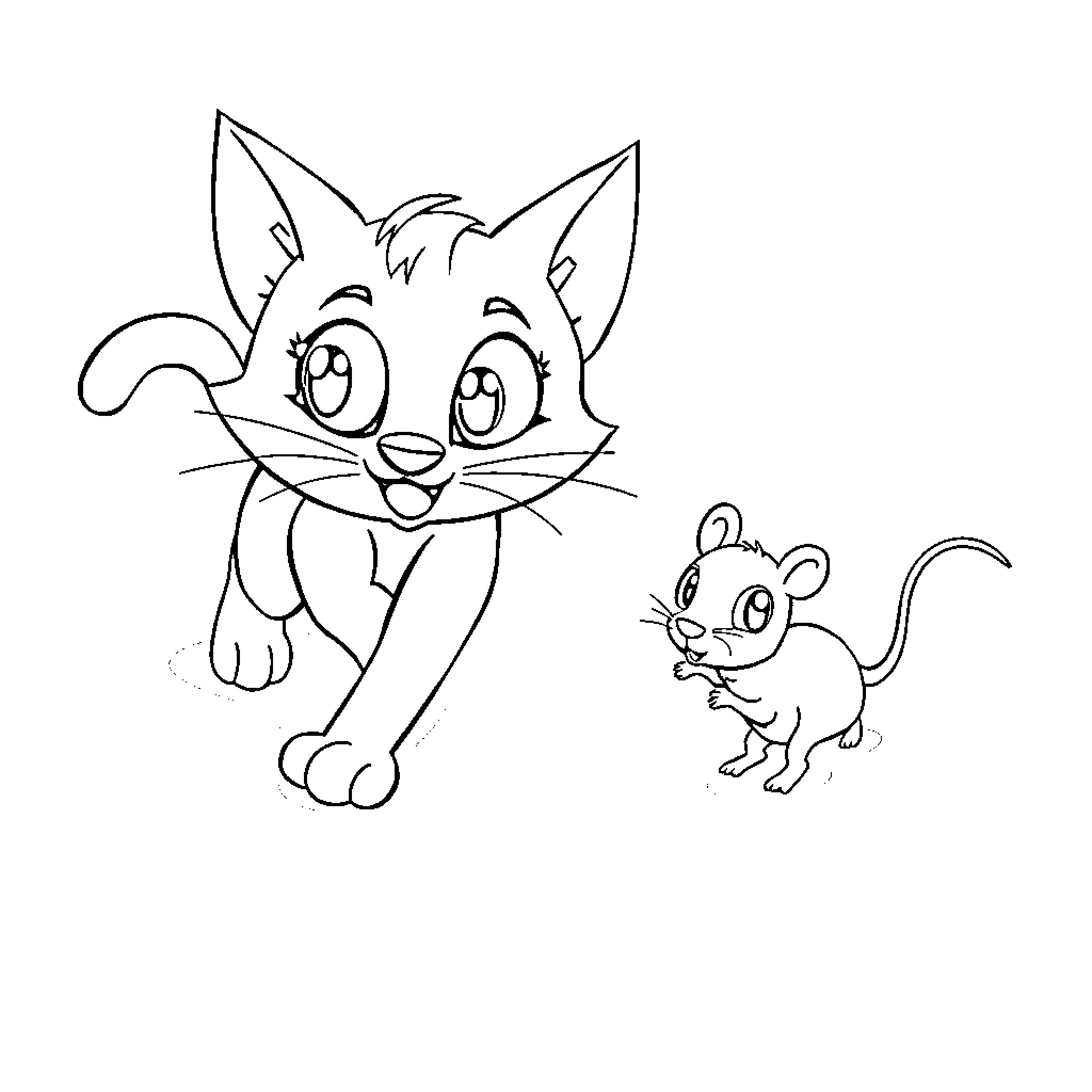 Cat and mouse cartoon characters Coloring Page (free black-and-white line drawing printable PDF for all, from beginners to advanced learners, including children, teens, adults, and seniors)