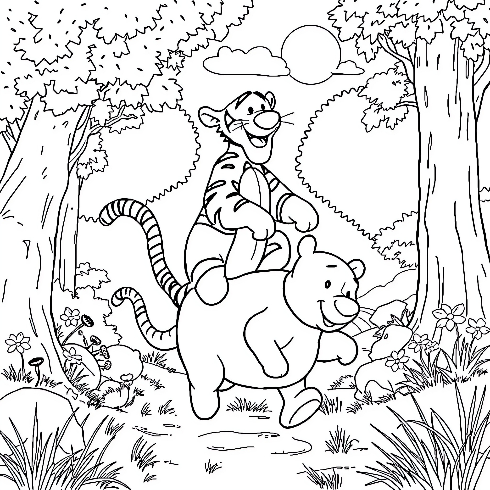 Tigger playing joyfully with Pooh Bear in the forest Coloring Page (free black-and-white line drawing printable PDF for all, from beginners to advanced learners, including children, teens, adults, and seniors)