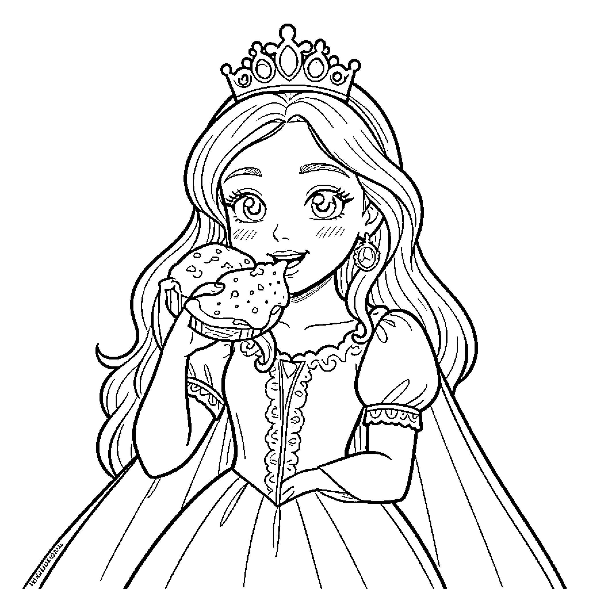 Princess happily eating a delicious pastry Coloring Page (free black-and-white line drawing printable PDF for all, from beginners to advanced learners, including children, teens, adults, and seniors)
