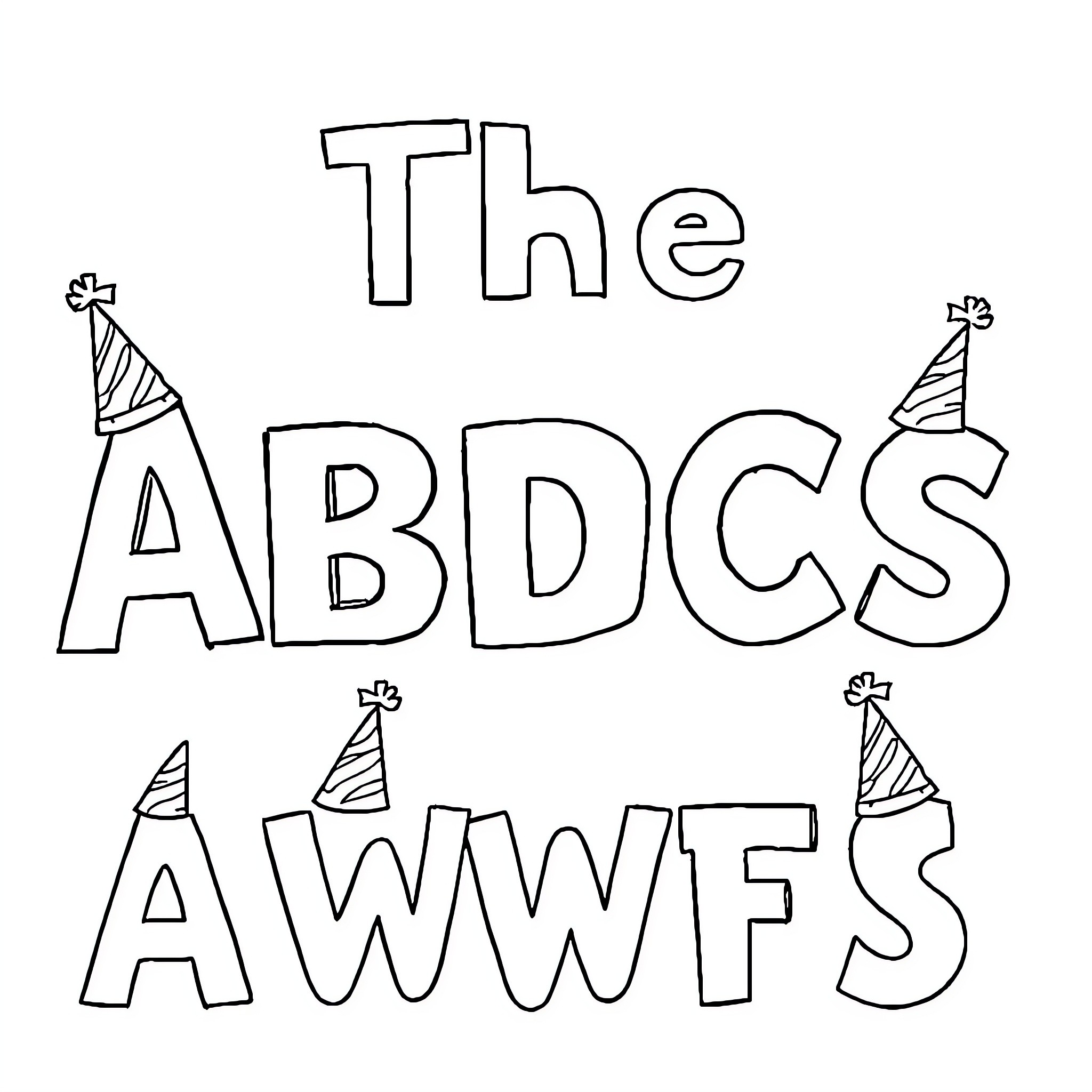 ABC Party with Fun Hats and Accents Coloring Page (free black-and-white line drawing printable PDF for all, from beginners to advanced learners, including children, teens, adults, and seniors)