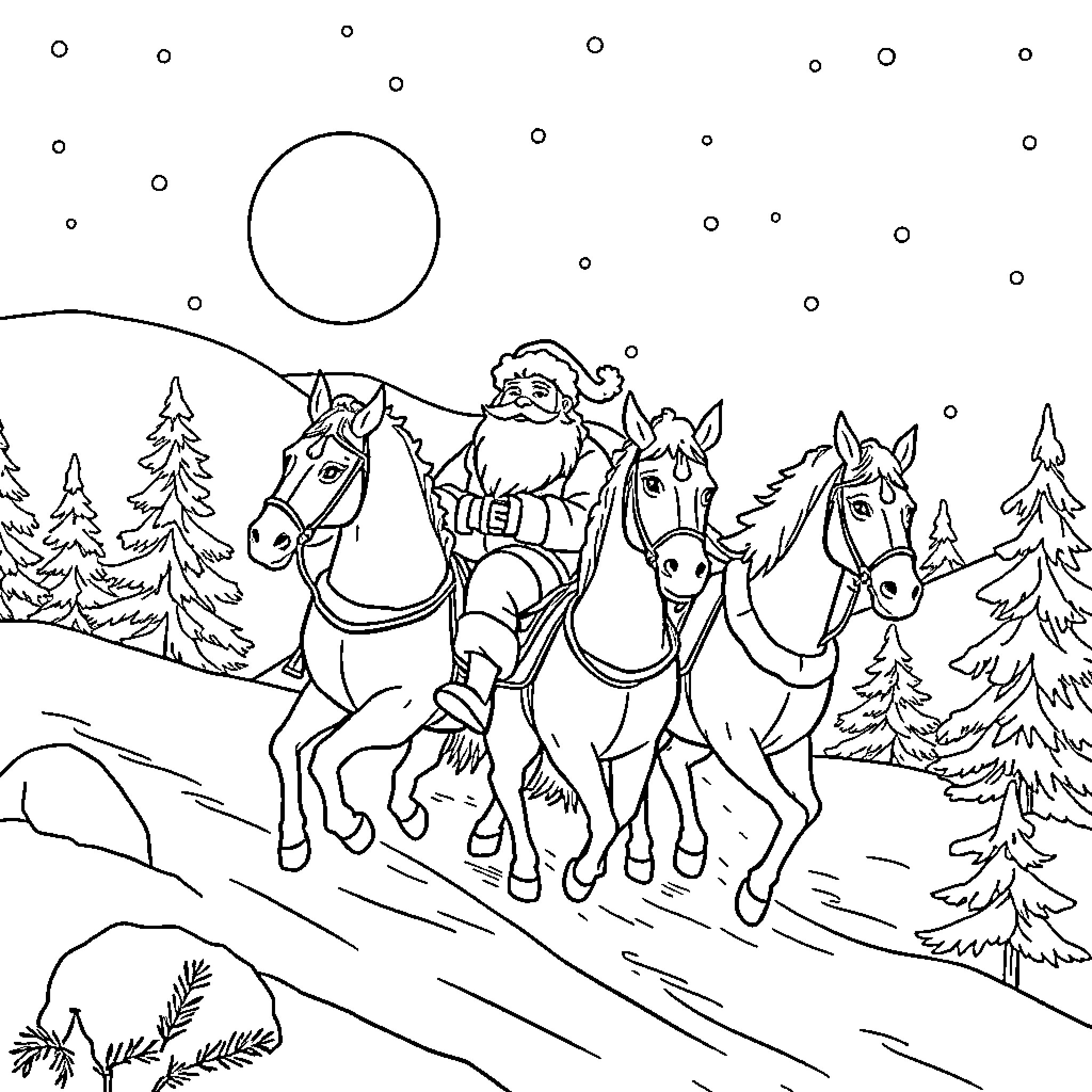 Horse-drawn sleigh ride with Santa and reindeer in winter Coloring Page (free black-and-white line drawing printable PDF for all, from beginners to advanced learners, including children, teens, adults, and seniors)