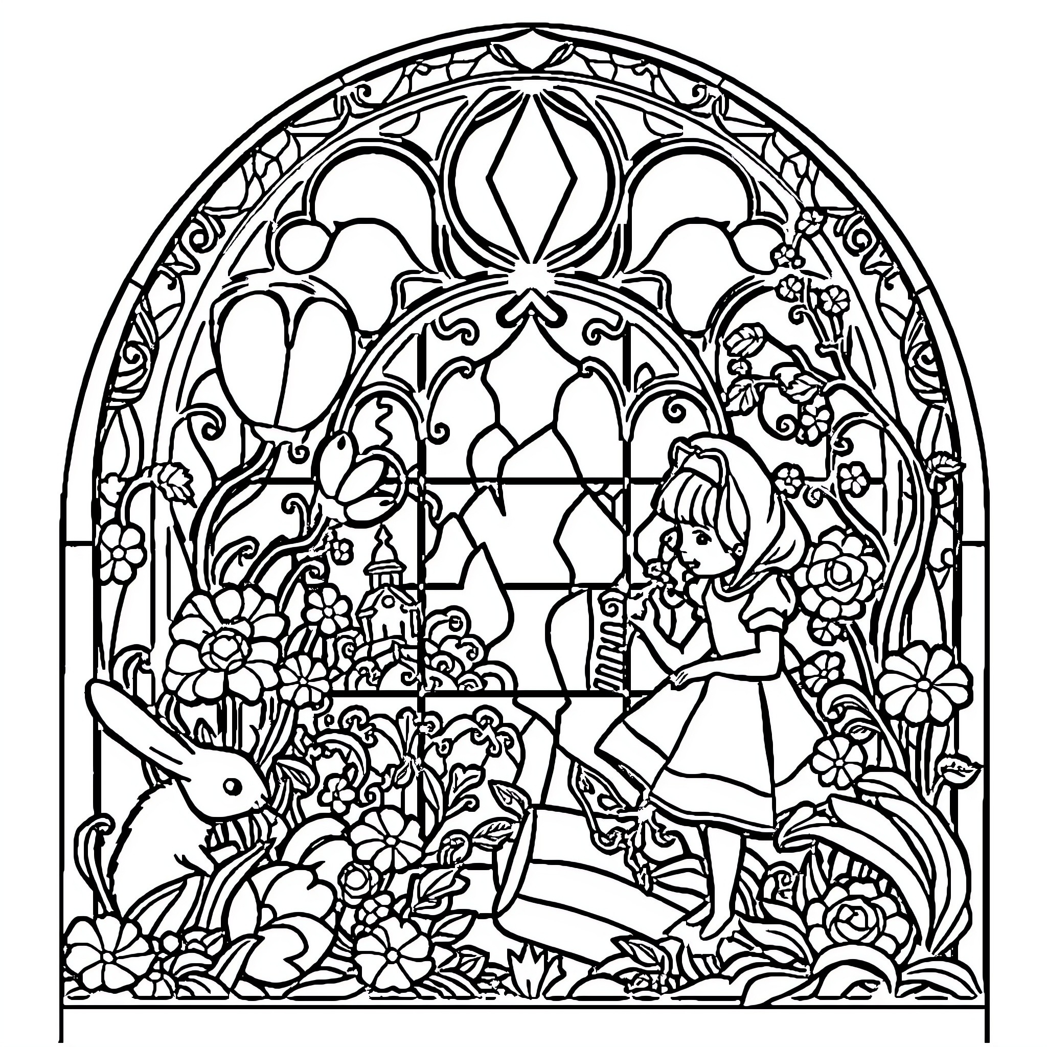 Alice's Whimsical Adventure in a Stained Glass Garden Coloring Page (free black-and-white line drawing printable PDF for all, from beginners to advanced learners, including children, teens, adults, and seniors)