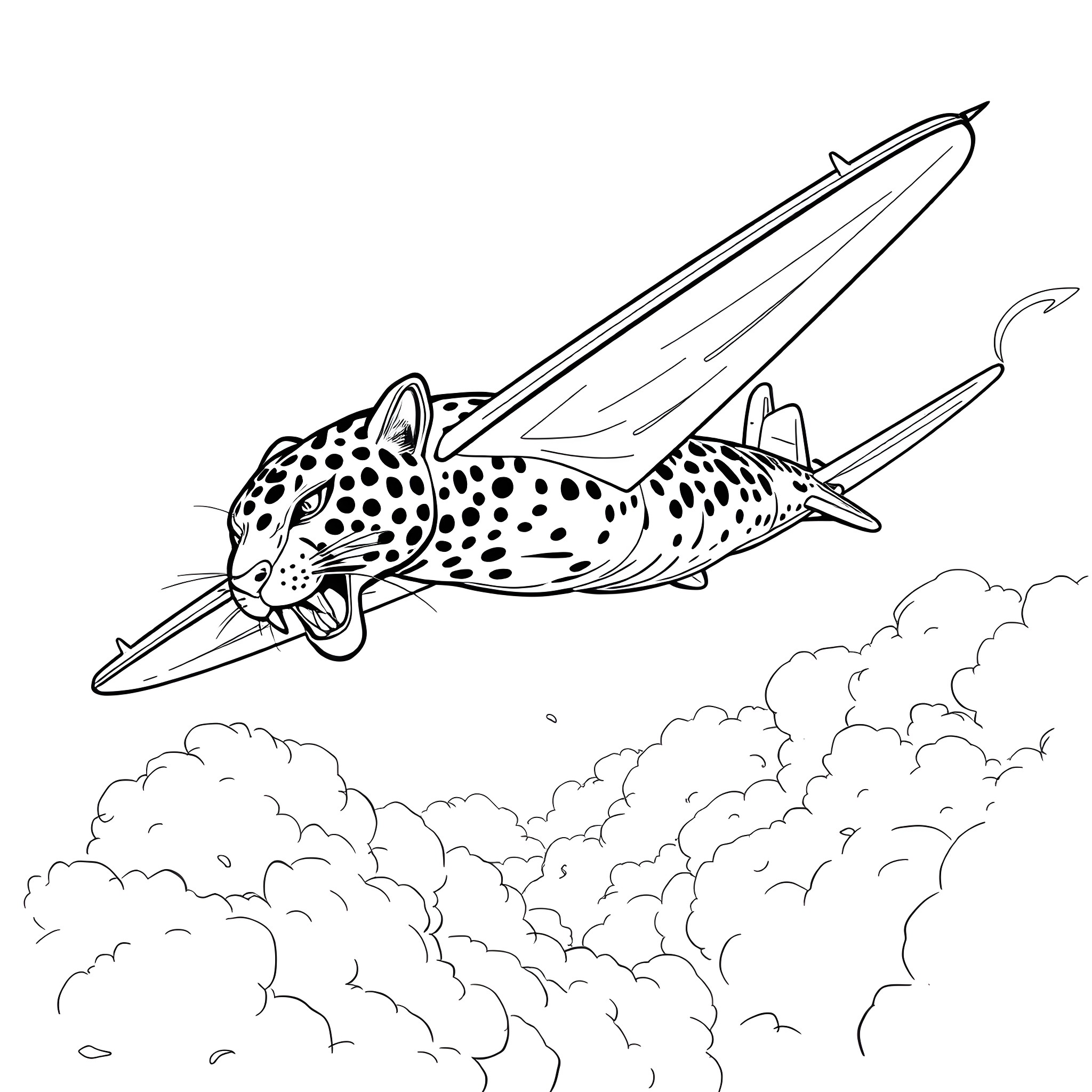 Sepecat Jaguar soaring through the clouds Coloring Page (free black-and-white line drawing printable PDF for all, from beginners to advanced learners, including children, teens, adults, and seniors)