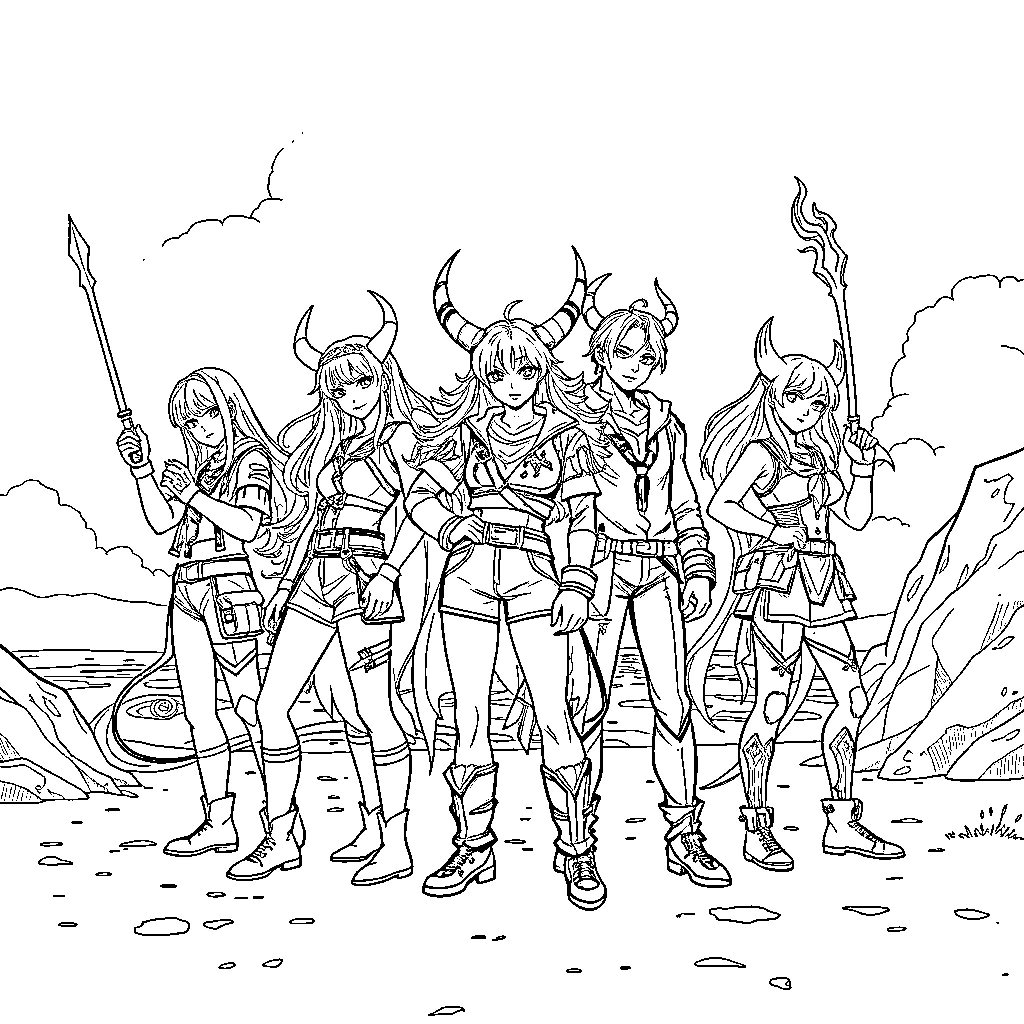 Demon Hunter Warriors Banding Together for Battle Coloring Page (free black-and-white line drawing printable PDF for all, from beginners to advanced learners, including children, teens, adults, and seniors)