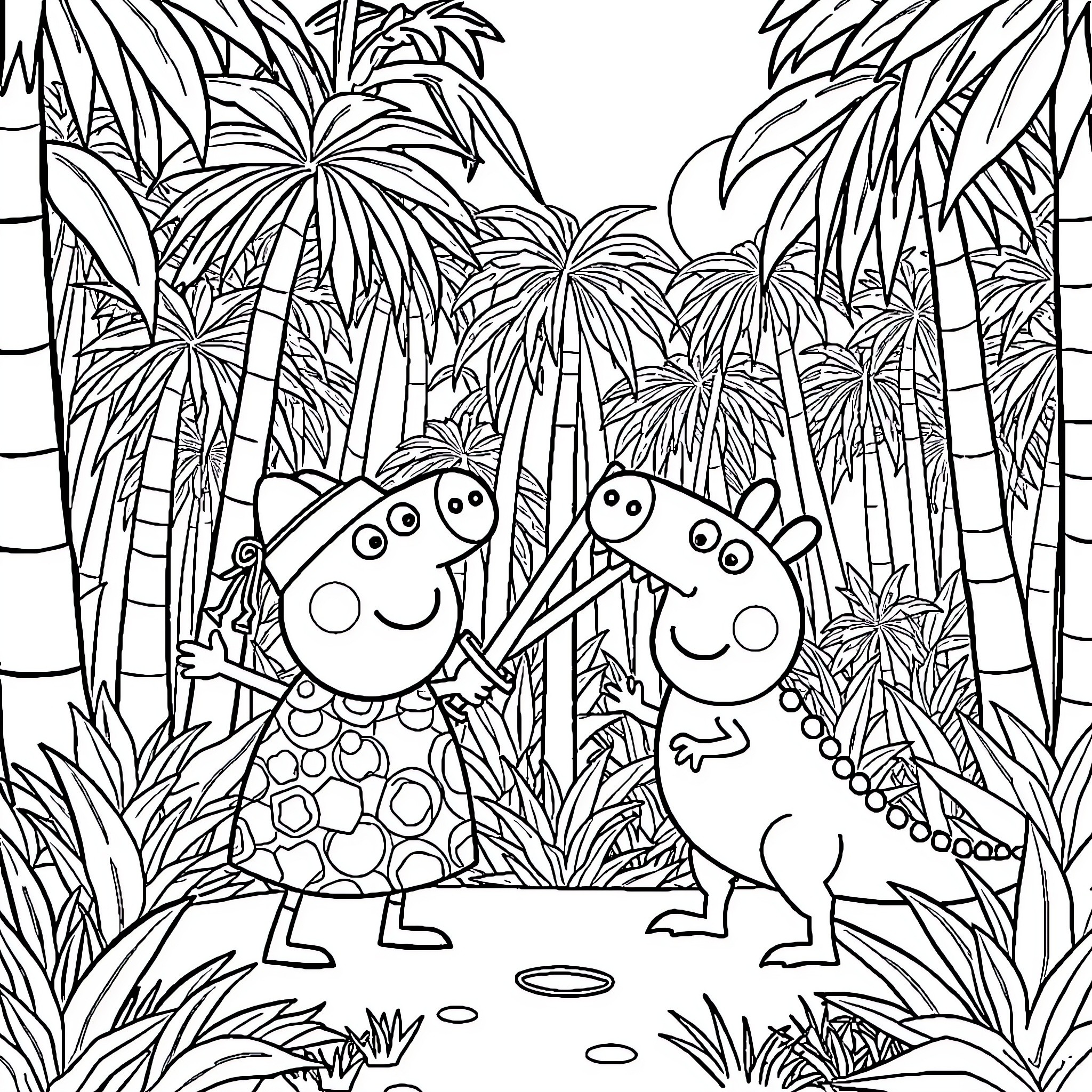 Peppa Pig and friends exploring the jungle Coloring Page (free black-and-white line drawing printable PDF for all, from beginners to advanced learners, including children, teens, adults, and seniors)