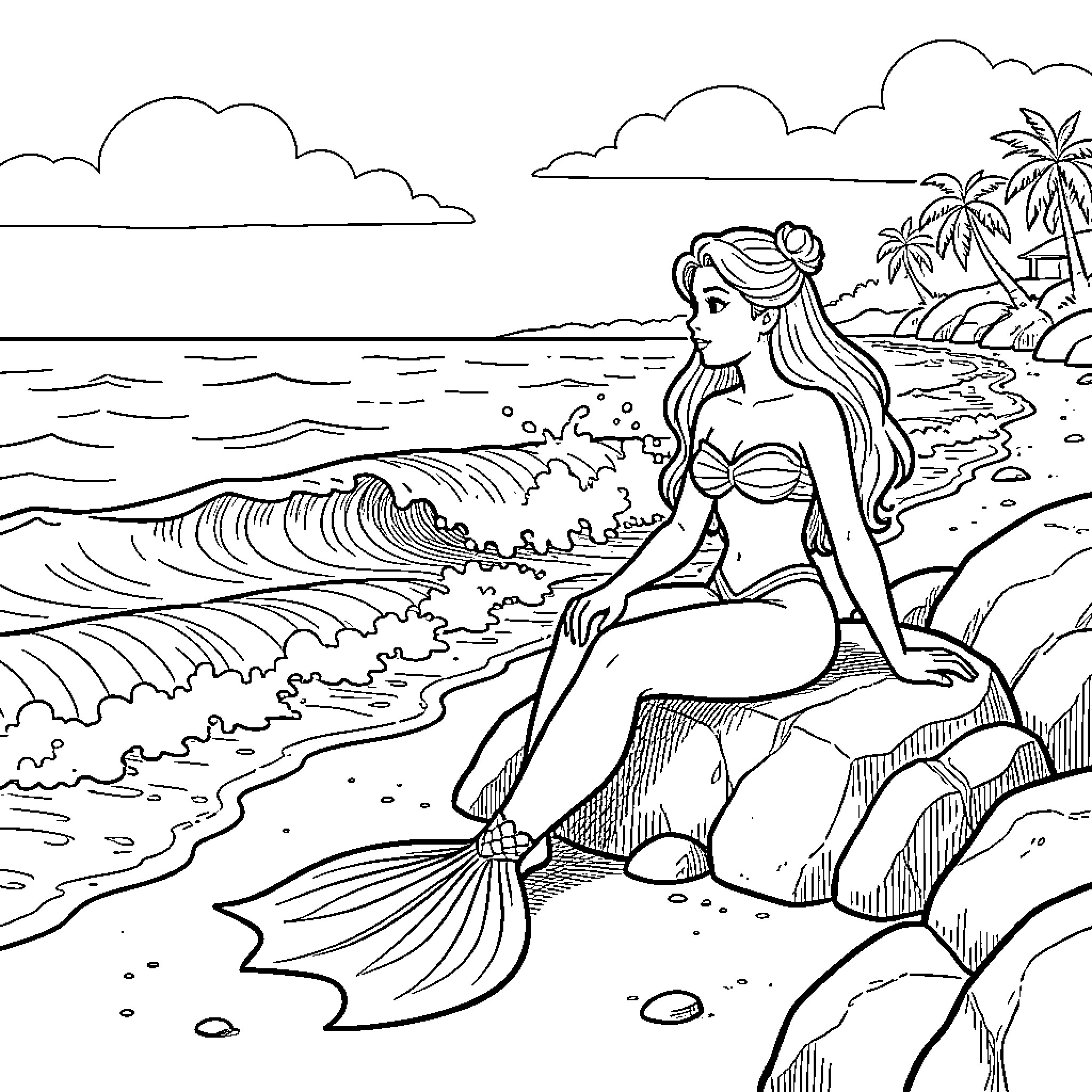 Mermaid sitting on a rock by the ocean waves Coloring Page (free black-and-white line drawing printable PDF for all, from beginners to advanced learners, including children, teens, adults, and seniors)