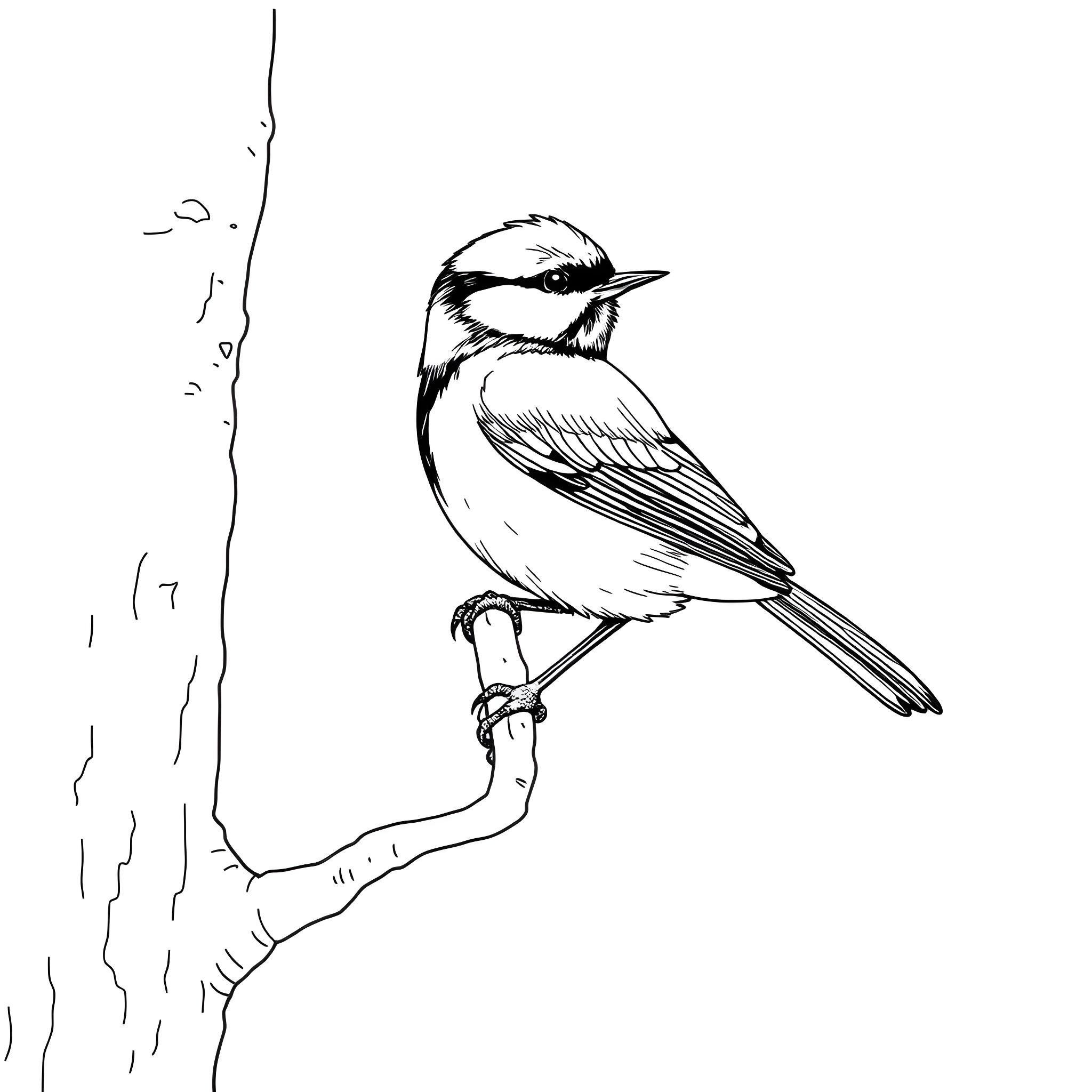 Great Tit perched on a branch Coloring Page (free black-and-white line drawing printable PDF for all, from beginners to advanced learners, including children, teens, adults, and seniors)