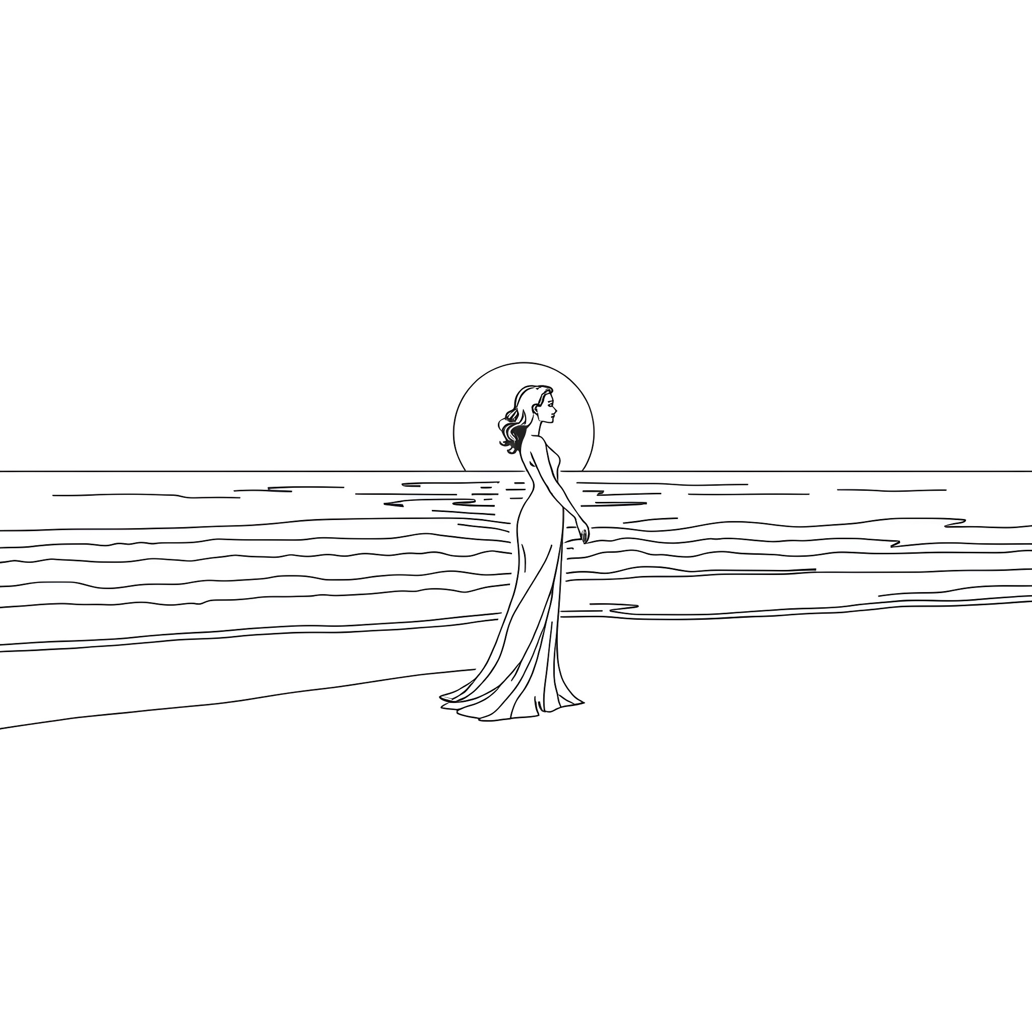 Woman silhouetted against the night sky Coloring Page (free black-and-white line drawing printable PDF for all, from beginners to advanced learners, including children, teens, adults, and seniors)