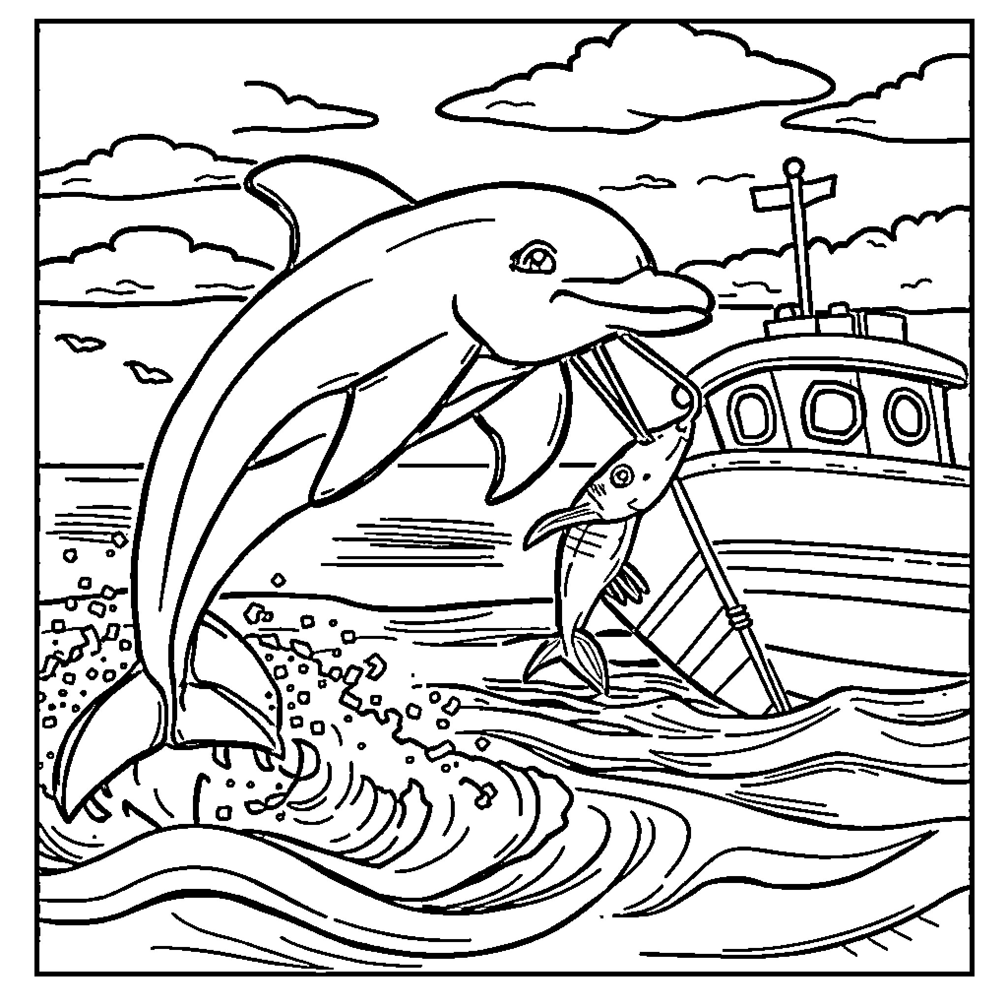 Dolphin jumping by the fishing boat Coloring Page (free black-and-white line drawing printable PDF for all, from beginners to advanced learners, including children, teens, adults, and seniors)
