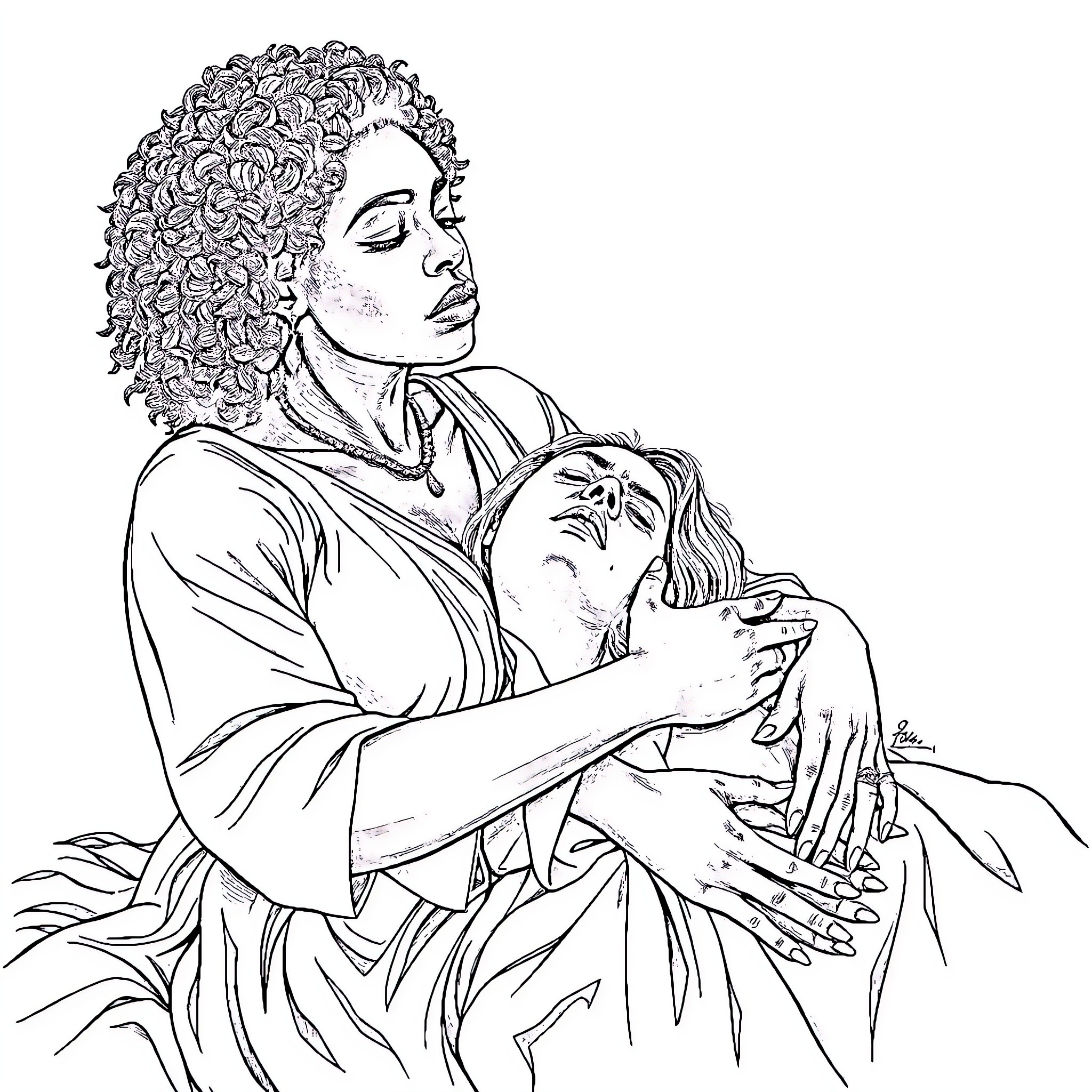 Woman comforting and embracing another Coloring Page (free black-and-white line drawing printable PDF for all, from beginners to advanced learners, including children, teens, adults, and seniors)