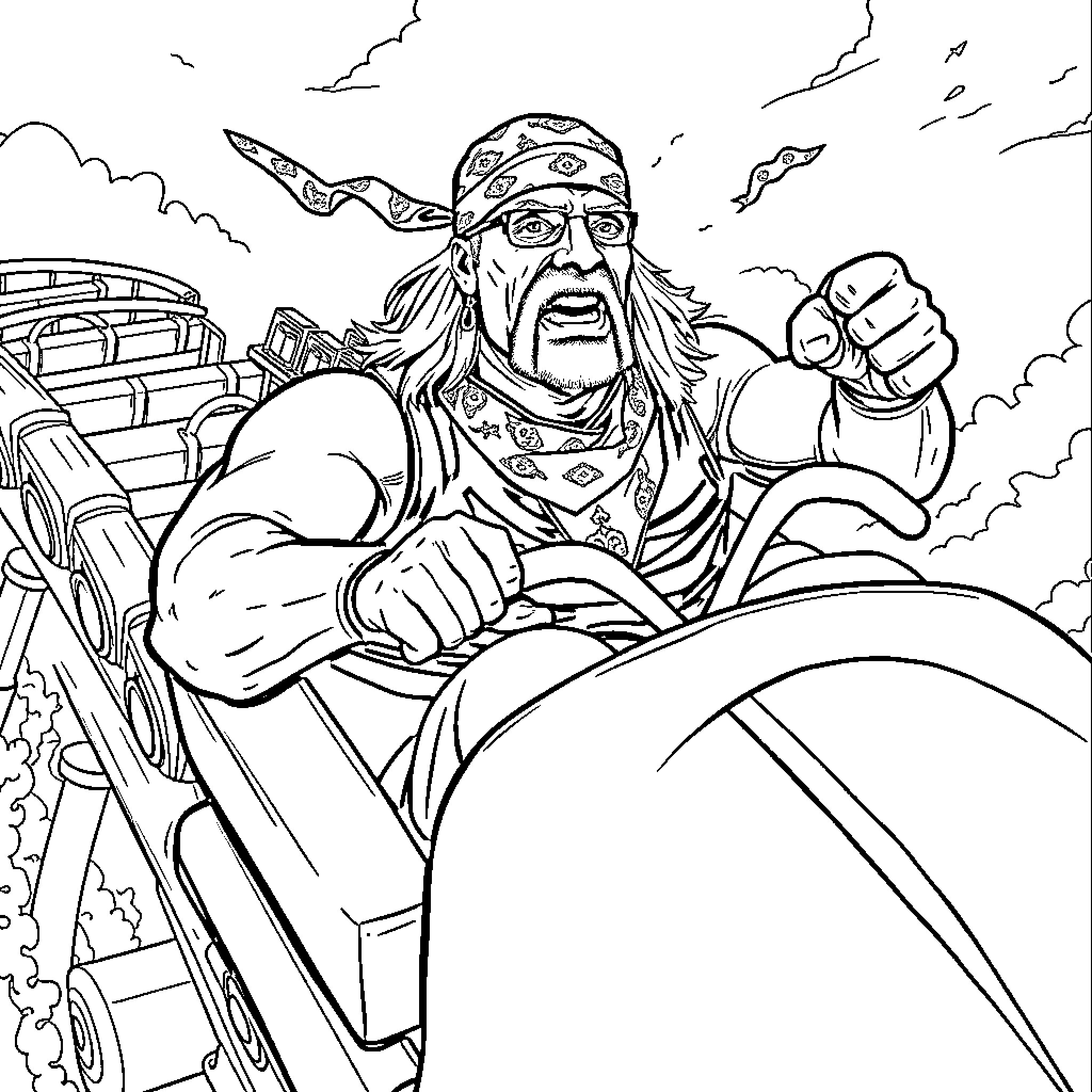 Hulk Hogan riding a motorcycle with a defiant expression Coloring Page (free black-and-white line drawing printable PDF for all, from beginners to advanced learners, including children, teens, adults, and seniors)