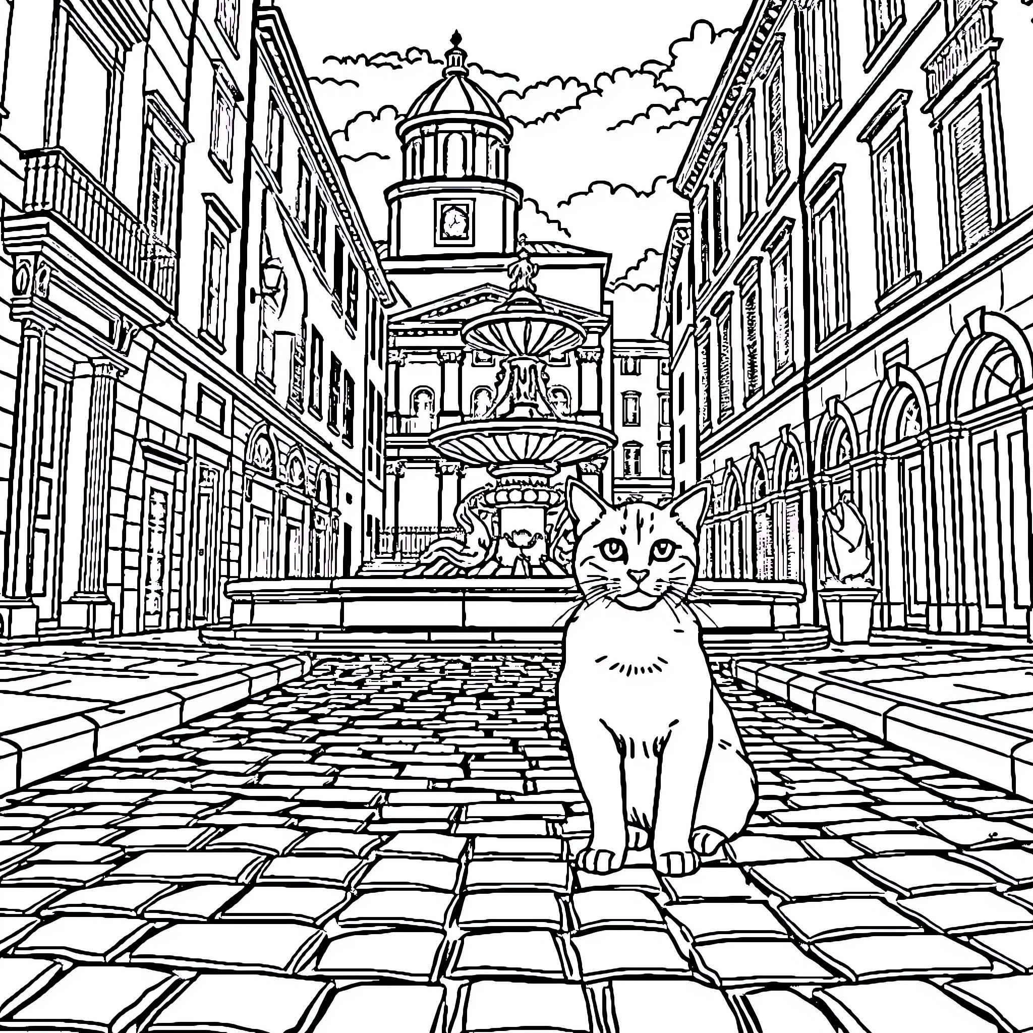 Cat exploring a historic city street Coloring Page (free black-and-white line drawing printable PDF for all, from beginners to advanced learners, including children, teens, adults, and seniors)