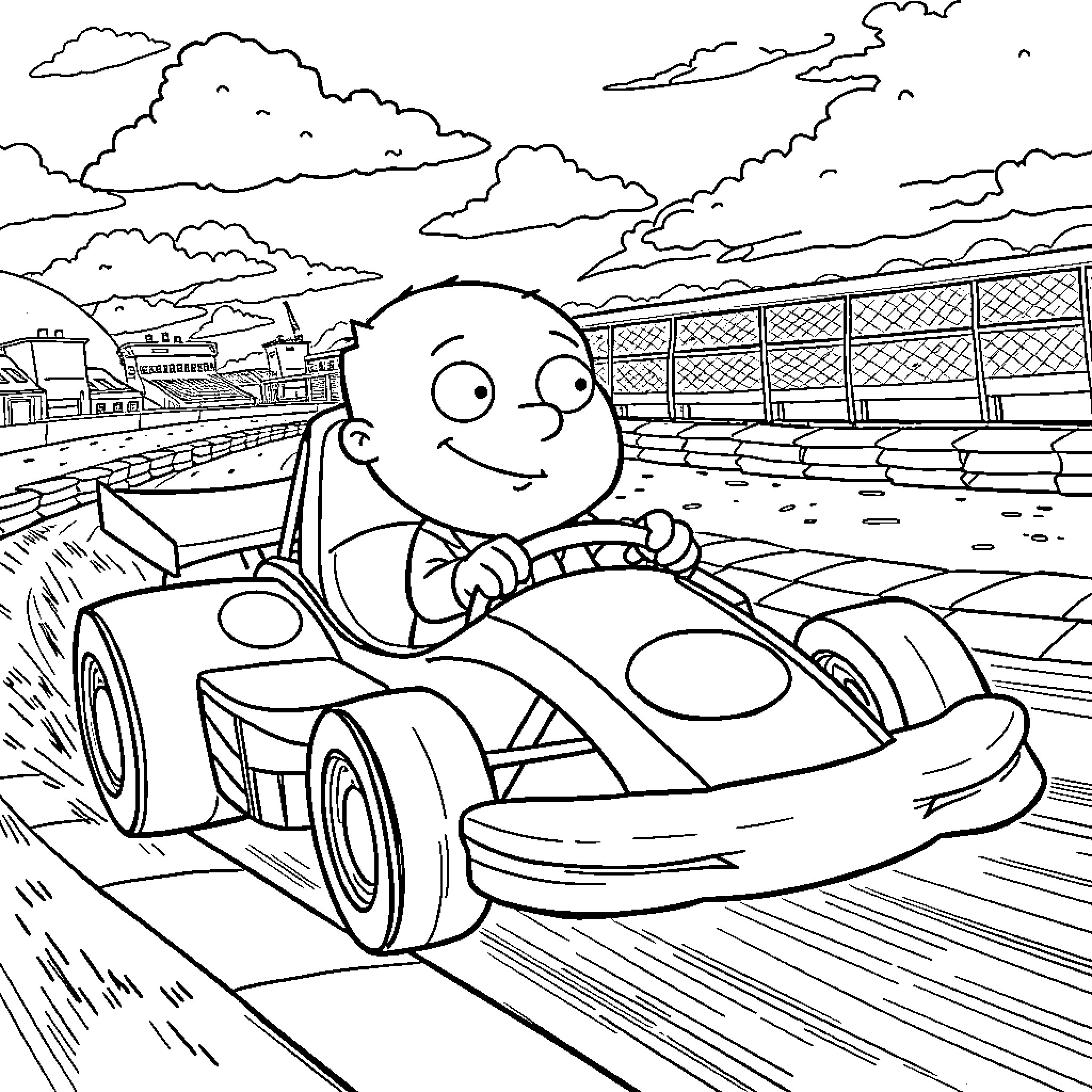 Stevie's Thrilling Go-Kart Race Coloring Page (free black-and-white line drawing printable PDF for all, from beginners to advanced learners, including children, teens, adults, and seniors)