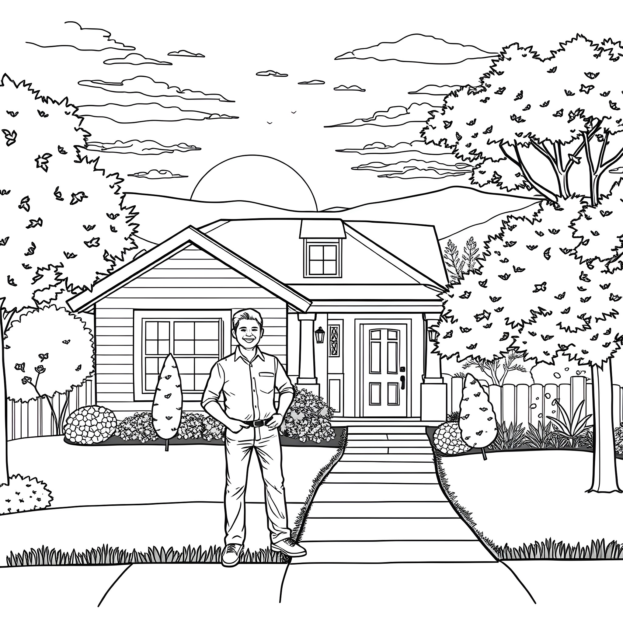 Customer Standing in Front of House in Nature Coloring Page (free black-and-white line drawing printable PDF for all, from beginners to advanced learners, including children, teens, adults, and seniors)