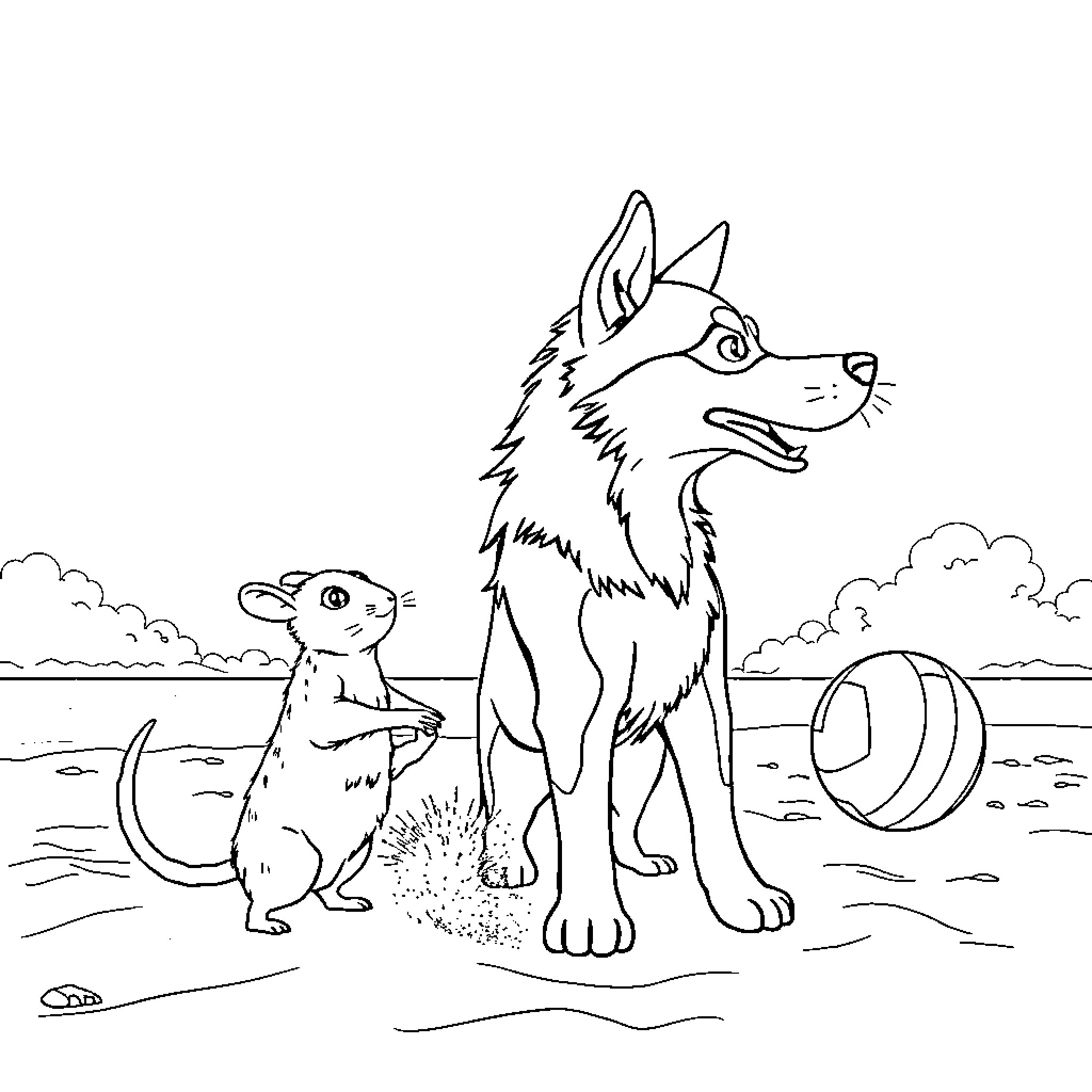 Husky duo exploring the outdoors Coloring Page (free black-and-white line drawing printable PDF for all, from beginners to advanced learners, including children, teens, adults, and seniors)