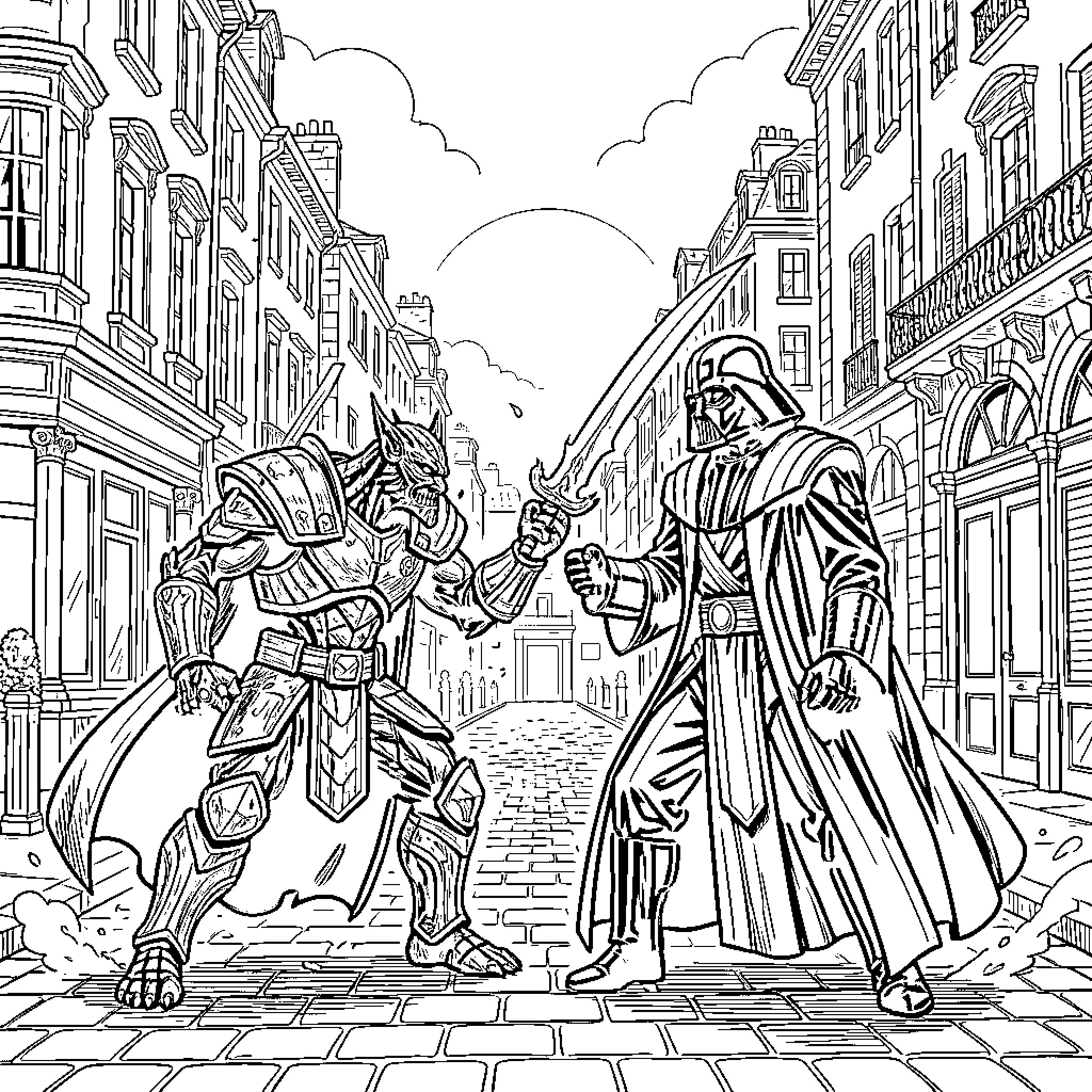 Darth Maul facing a powerful armored warrior Coloring Page (free black-and-white line drawing printable PDF for all, from beginners to advanced learners, including children, teens, adults, and seniors)