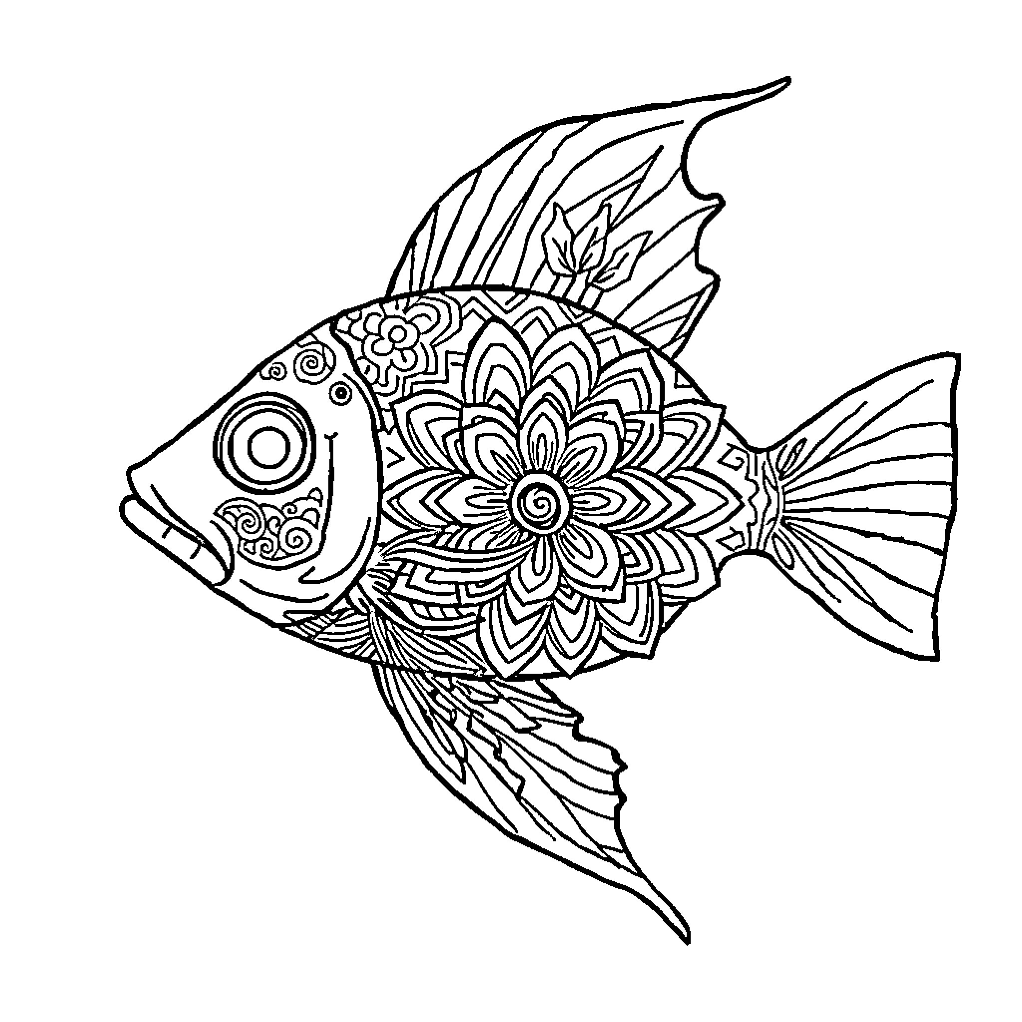 Fish with intricate floral patterns Coloring Page (free black-and-white line drawing printable PDF for all, from beginners to advanced learners, including children, teens, adults, and seniors)