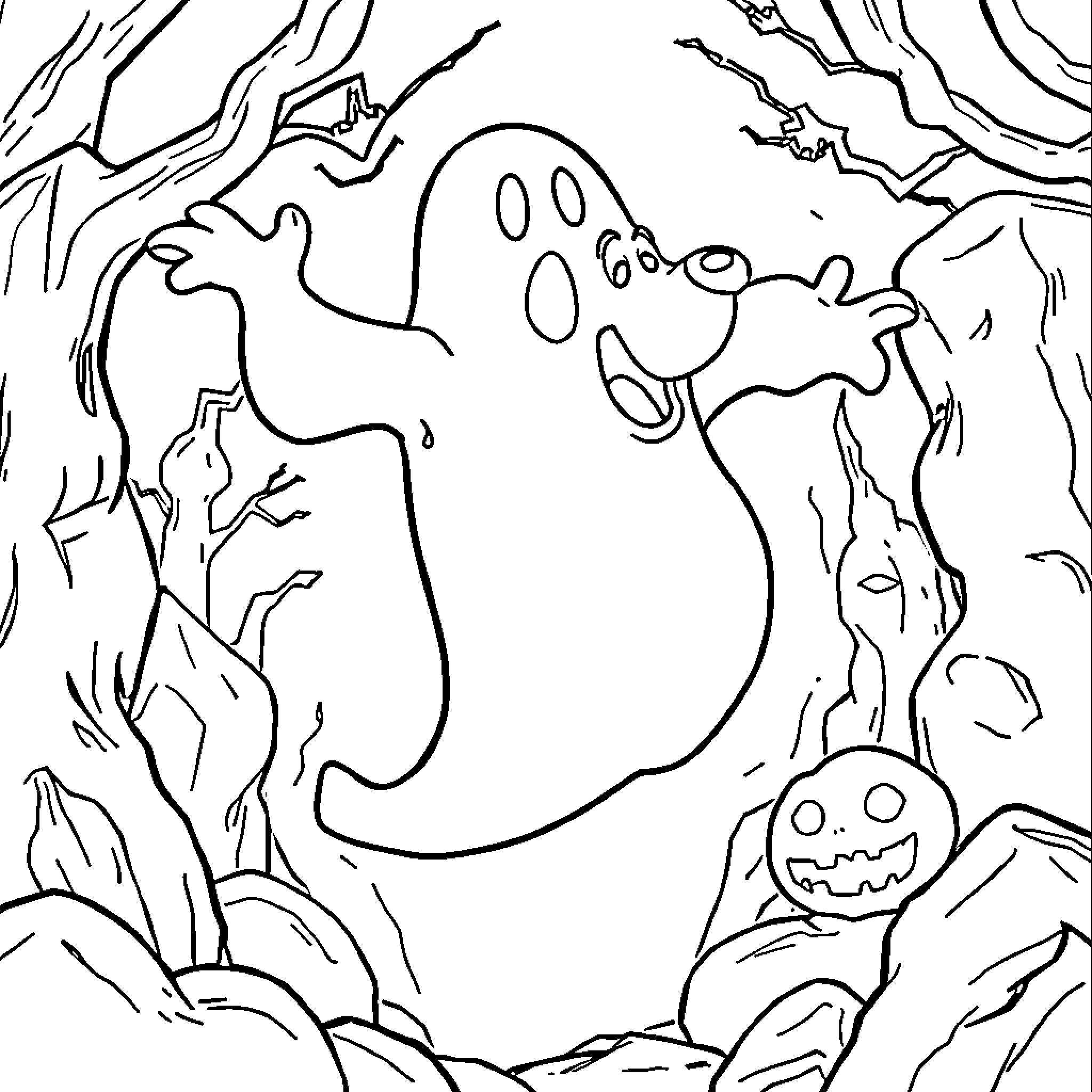 Ghost playing joyfully in spooky forest Coloring Page (free black-and-white line drawing printable PDF for all, from beginners to advanced learners, including children, teens, adults, and seniors)