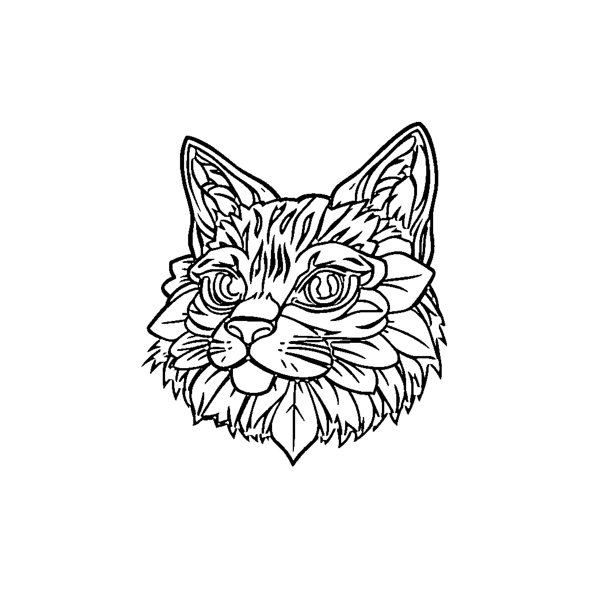 Sticker of a stylized cat face Coloring Page (free black-and-white line drawing printable PDF for all, from beginners to advanced learners, including children, teens, adults, and seniors)