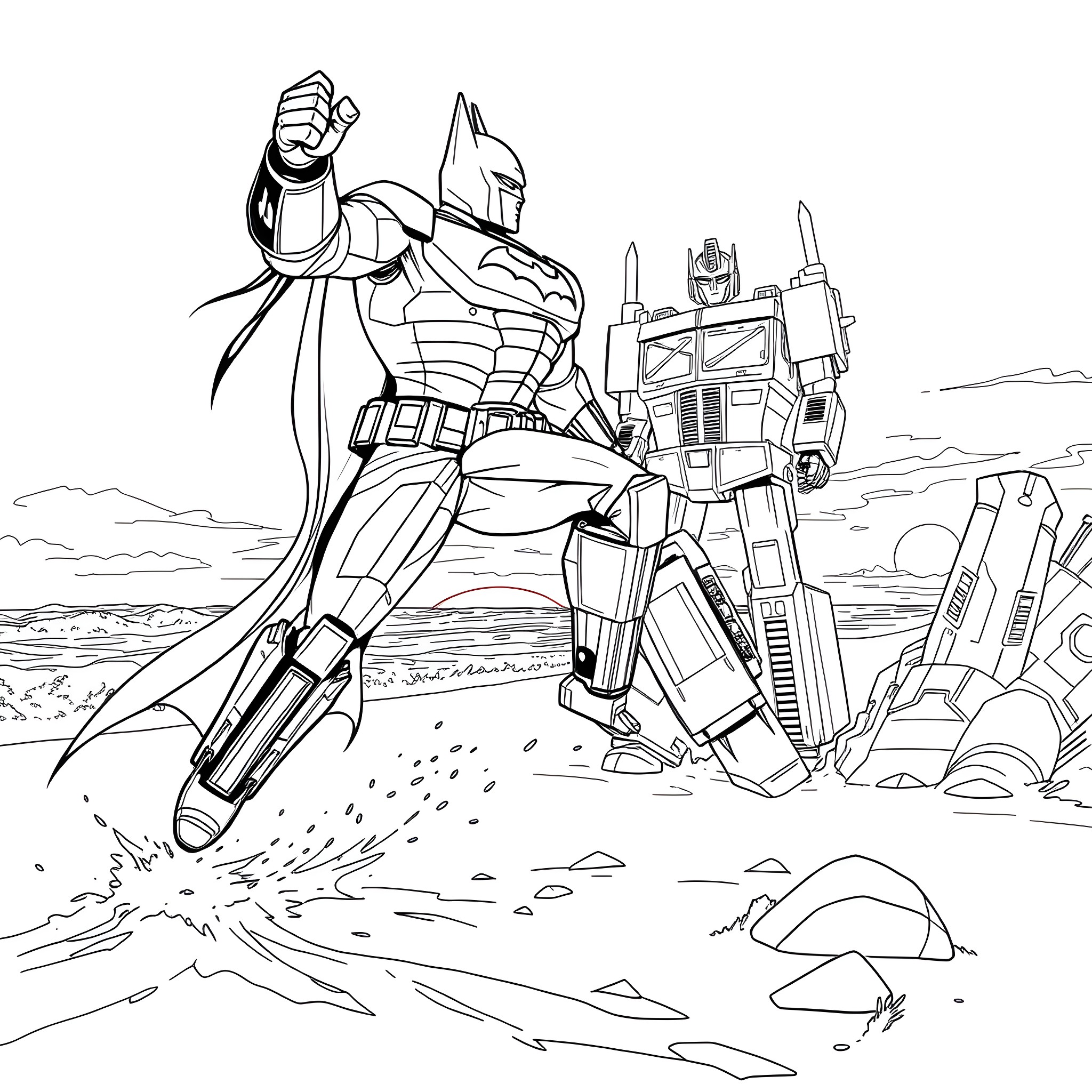 Batman battles a giant robot in a desolate landscape Coloring Page (free black-and-white line drawing printable PDF for all, from beginners to advanced learners, including children, teens, adults, and seniors)